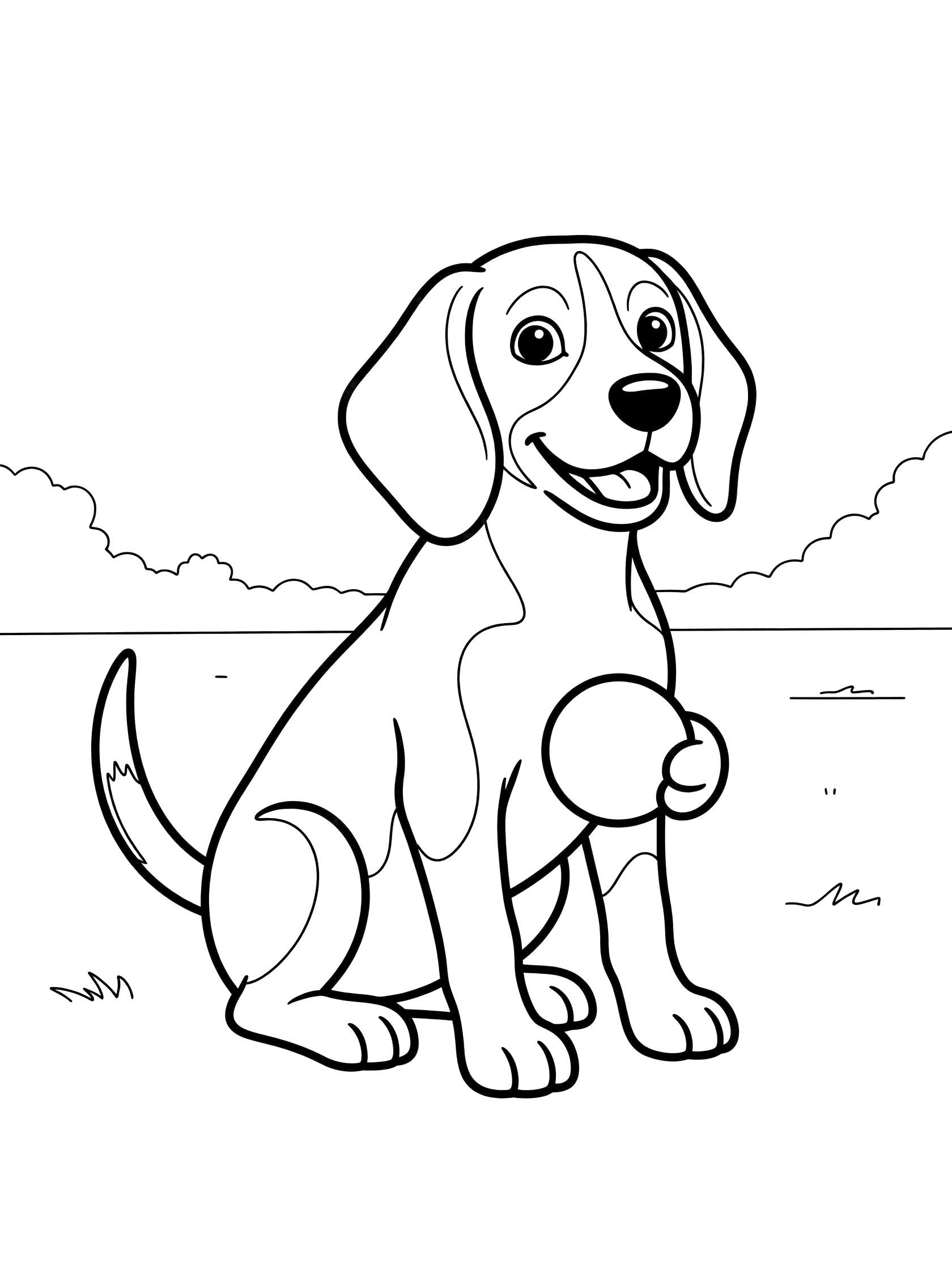 Black and white line art coloring page showing a happy beagle puppy with big eyes, open mouth smile, floppy ears, holding a round ball in front paws, sitting on grass with distant hills.