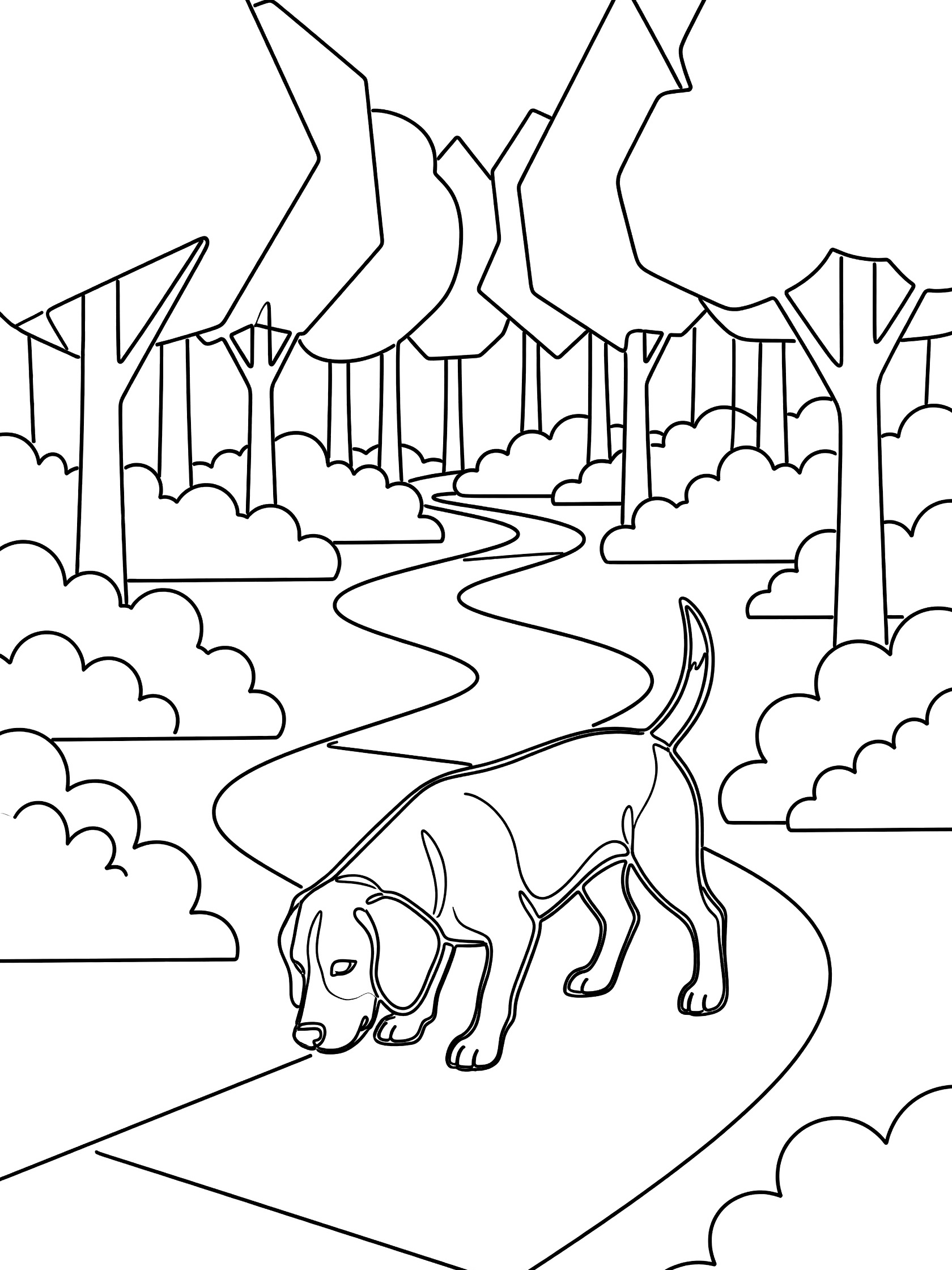 Black and white coloring book page showing a beagle sniffing on a curvy path surrounded by geometric forest trees and bushes