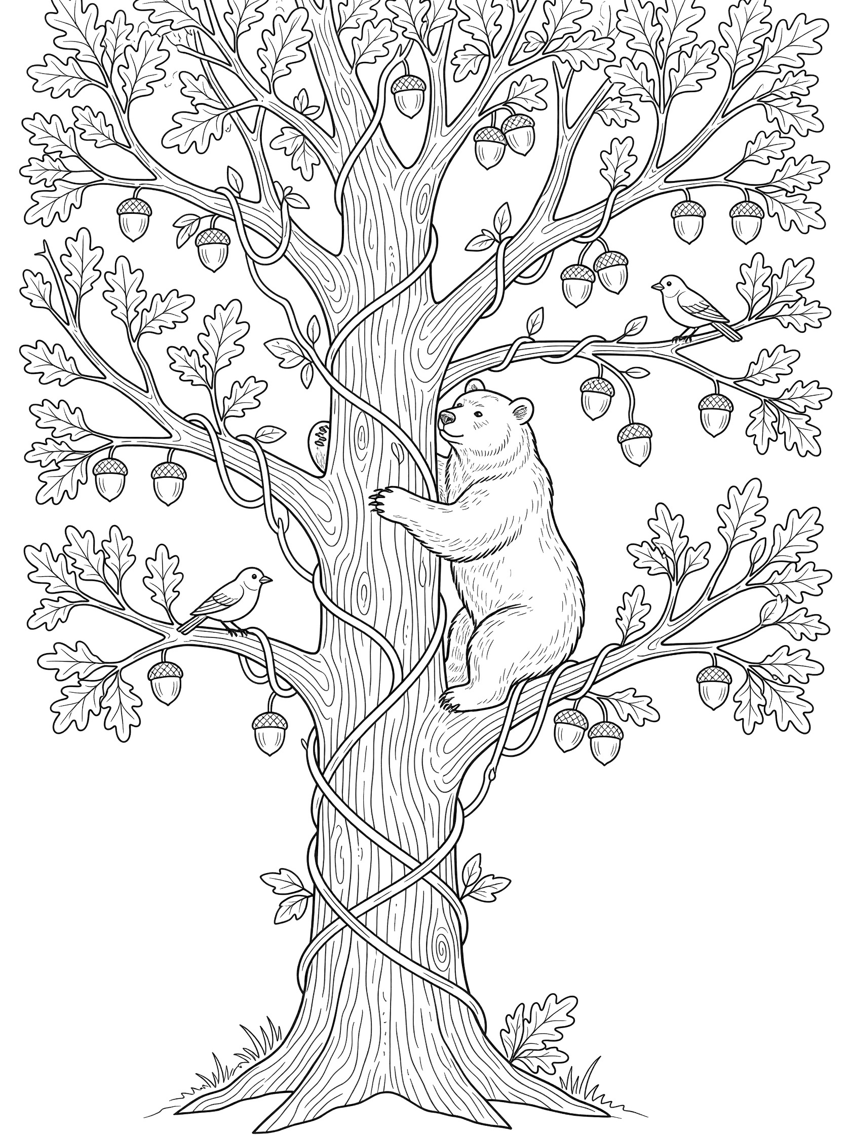 Black and white line art of a bear climbing an oak tree with acorns on branches, vines on trunk, and small birds perched nearby.