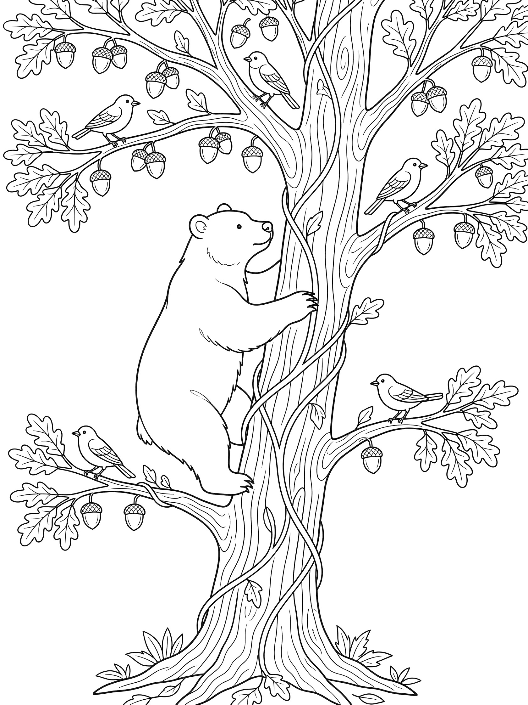 Black and white line art coloring page showing a bear climbing up a tall oak tree trunk with branches, acorns, leaves, vines, and small birds perched on limbs.