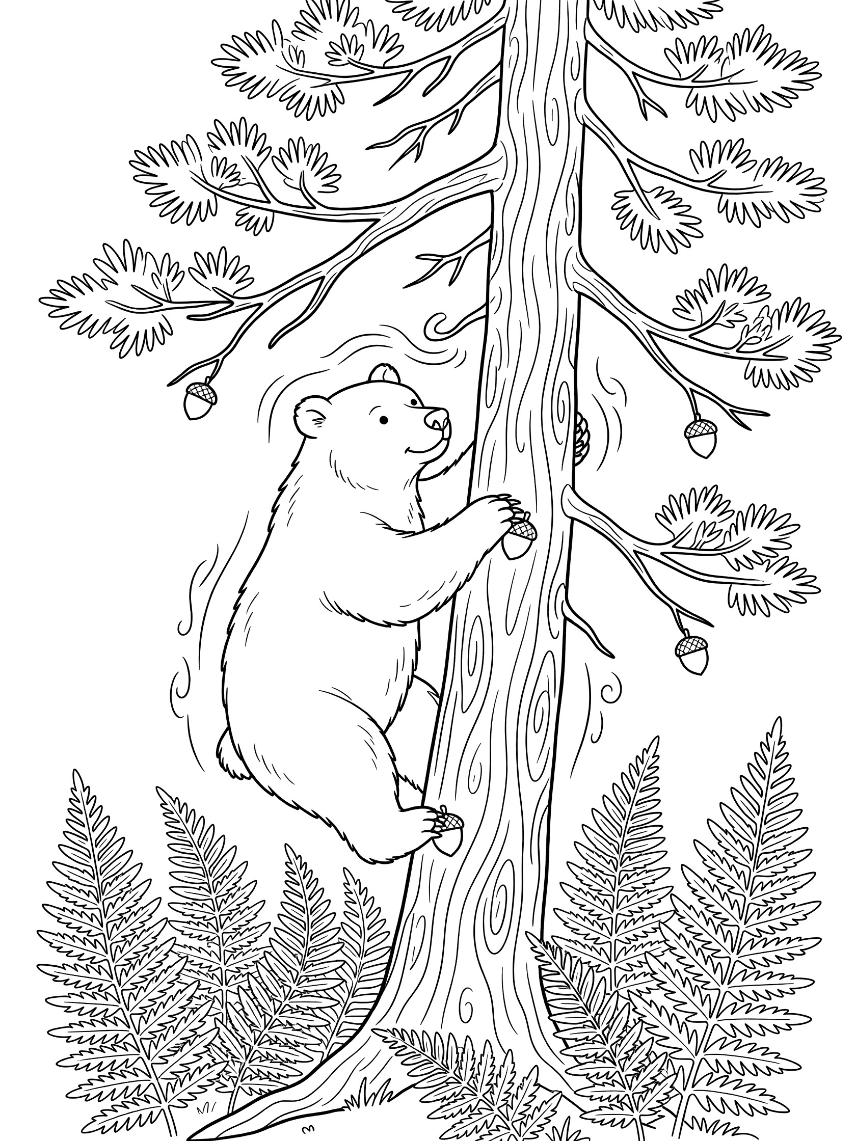 Black and white line art coloring page showing a bear climbing a pine tree, holding acorns, with tree branches, pine cones, and ferns.