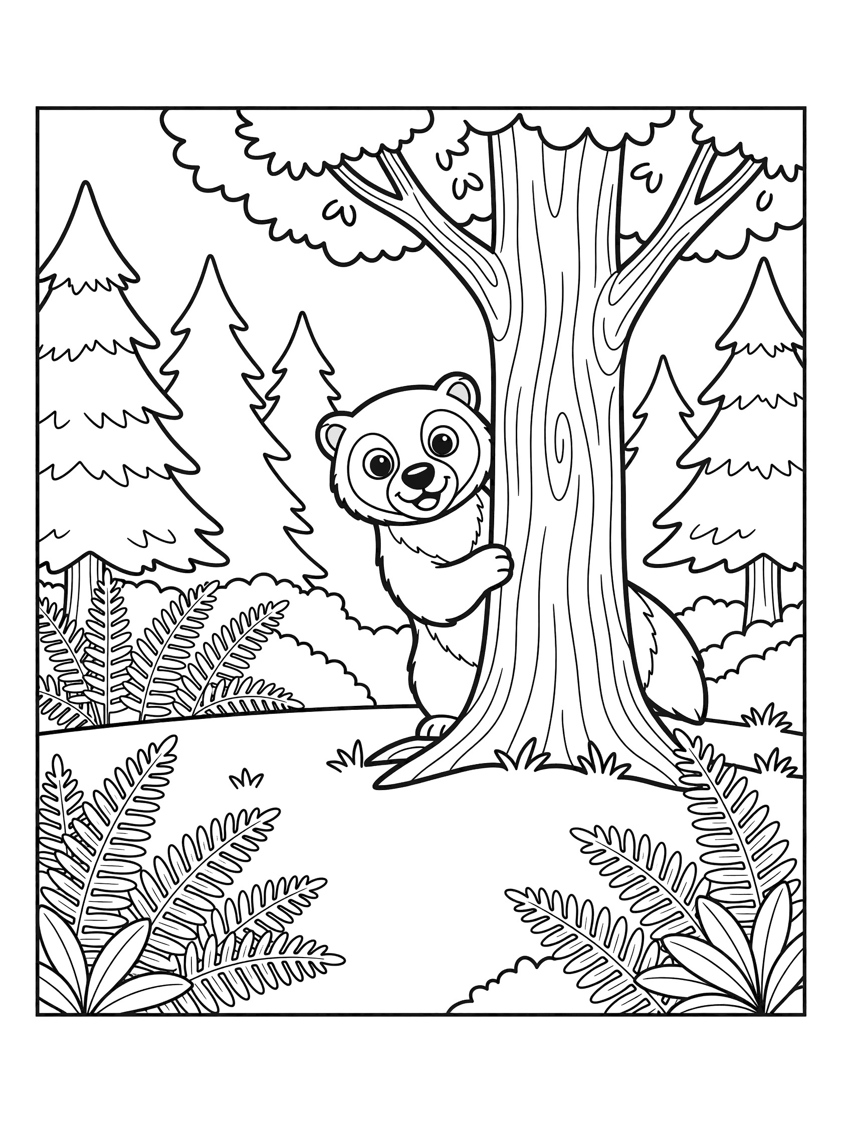Cute bear cub with big eyes peeking out from behind a large tree, surrounded by pine trees and ferns in a forest clearing, black and white line art coloring page. Wolverine themed black and white printable line art