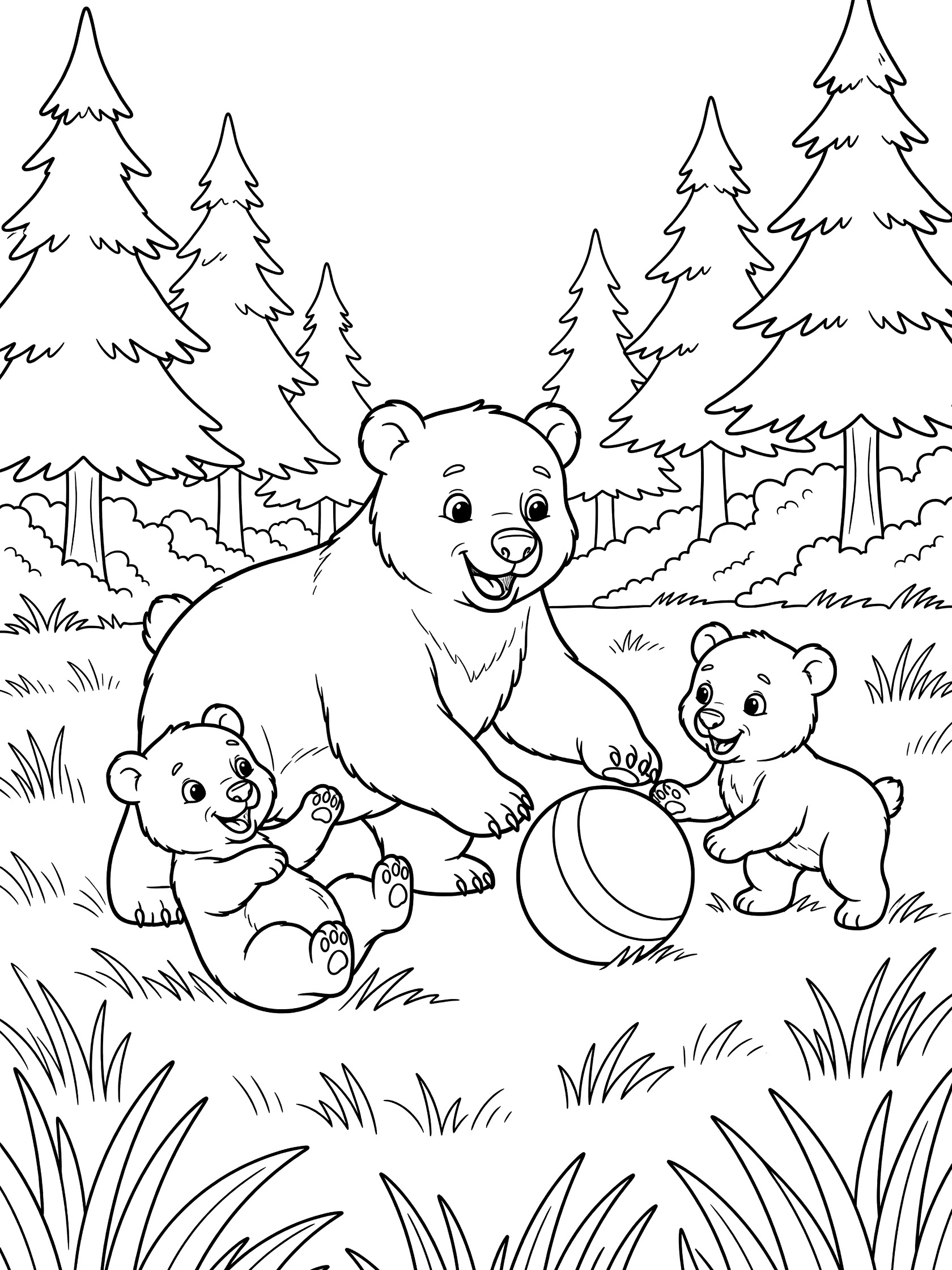 Black and white line art coloring page showing mother bear rolling a ball with two bear cubs in a forest meadow surrounded by pine trees and grass.