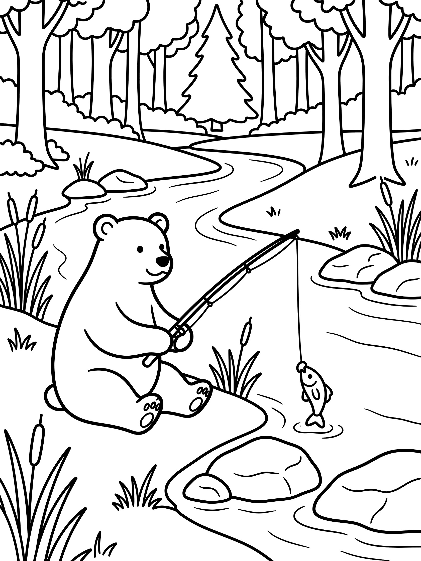 Black and white line art coloring page showing a sitting bear holding a fishing rod with a fish caught on the line in a flowing forest stream surrounded by trees, rocks, and reeds.