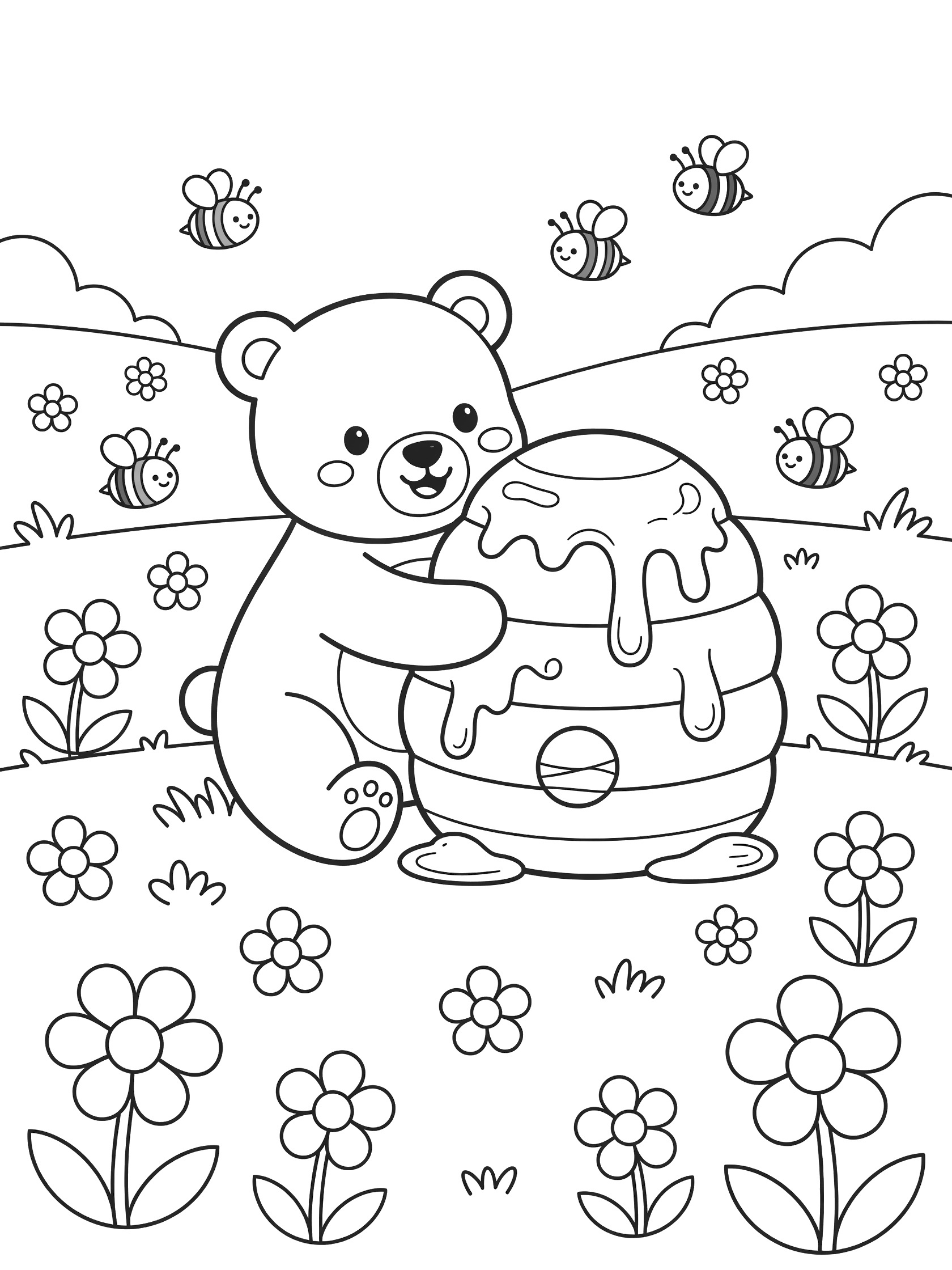 Black and white line art coloring page showing a cute bear hugging a beehive dripping honey, surrounded by flying bees and flowers in a meadow.
