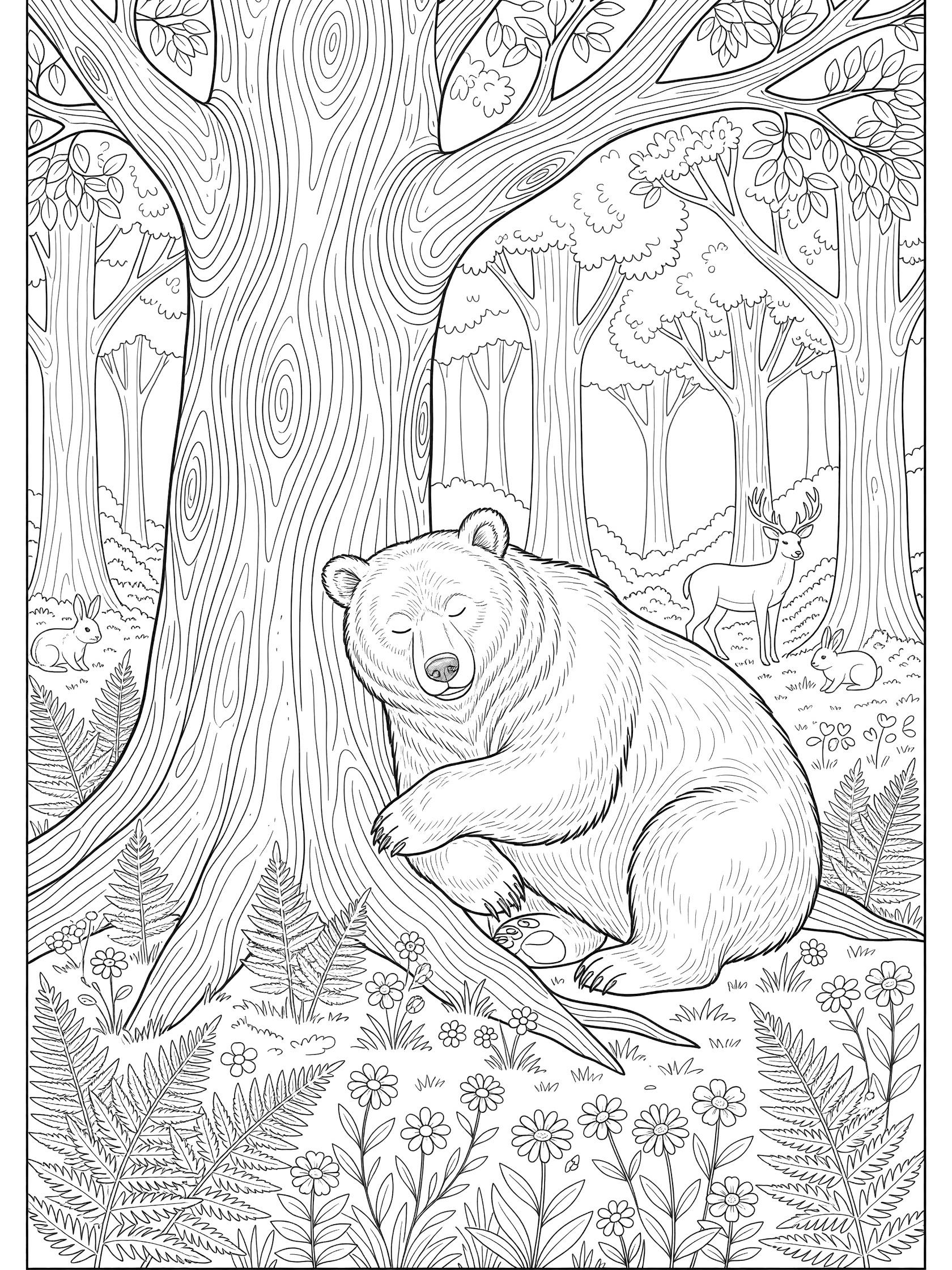 Black and white line art coloring page of a bear leaning against a tree trunk napping, with ferns, flowers, deer and rabbit in forest background.