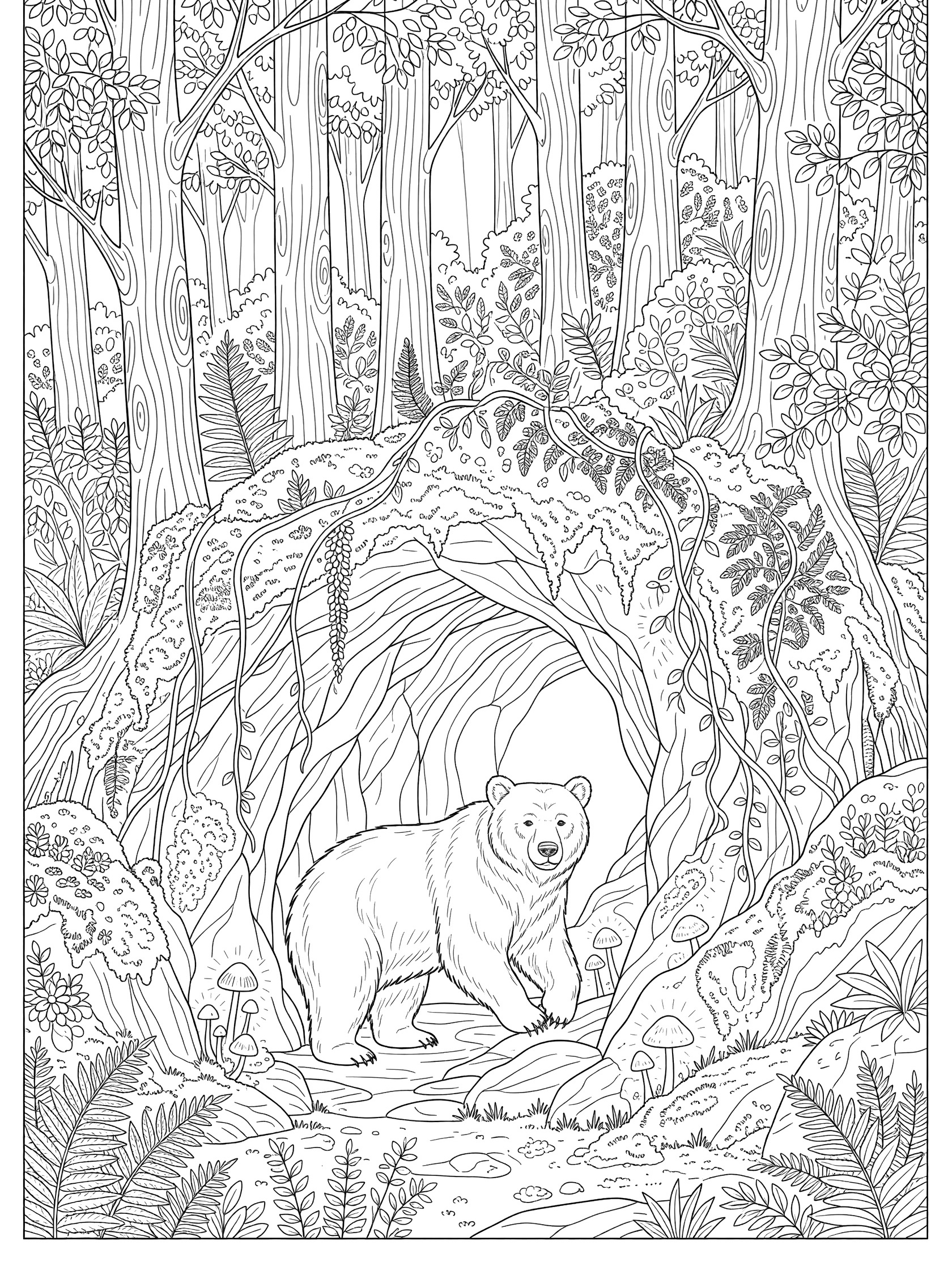 Black and white line art coloring page showing a bear standing near a cave entrance surrounded by trees, ferns, mushrooms, vines, and rocks in a forest.