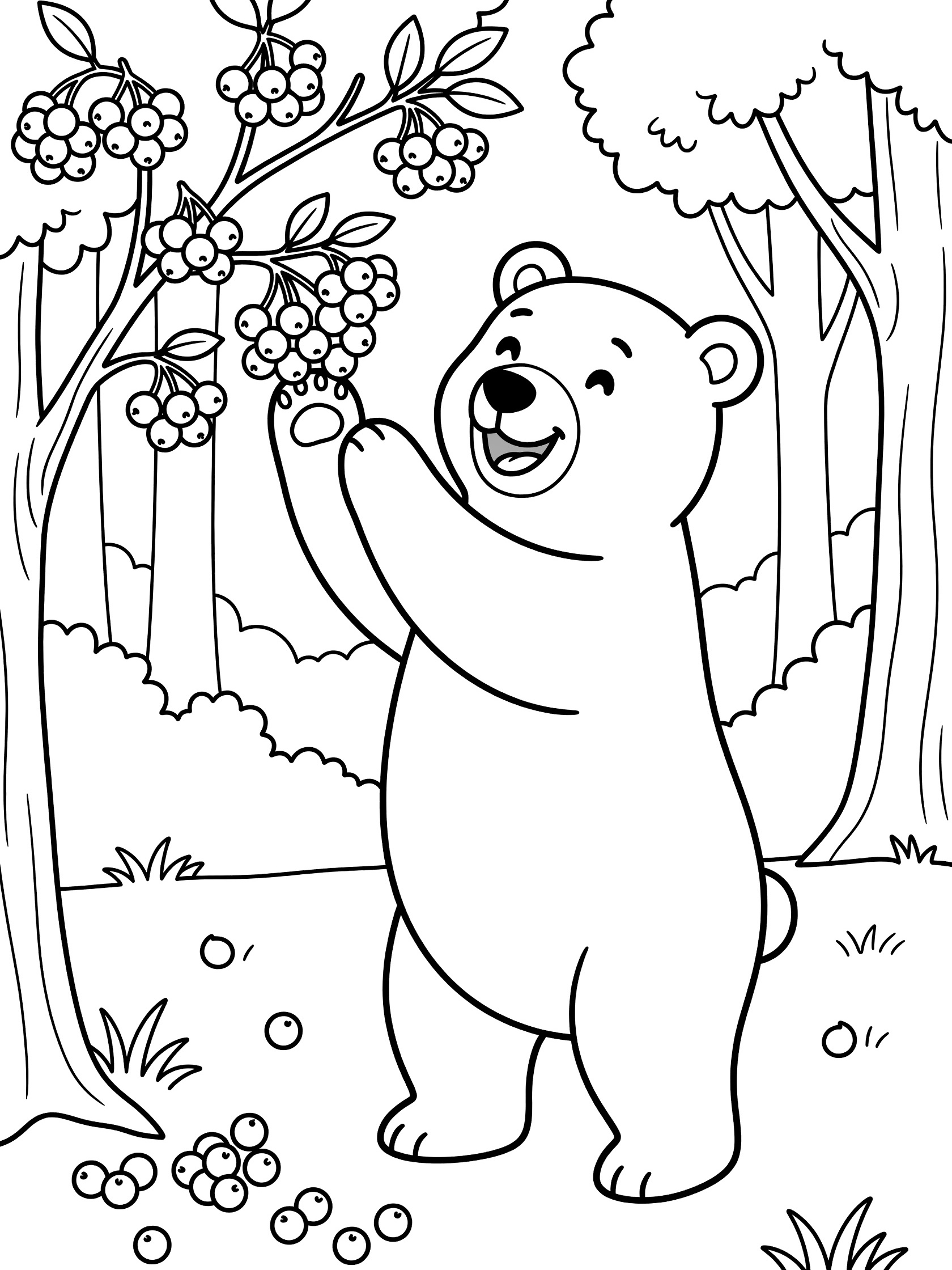 Black and white line art coloring page showing a smiling bear reaching for berries on a bush with trees and grass around.