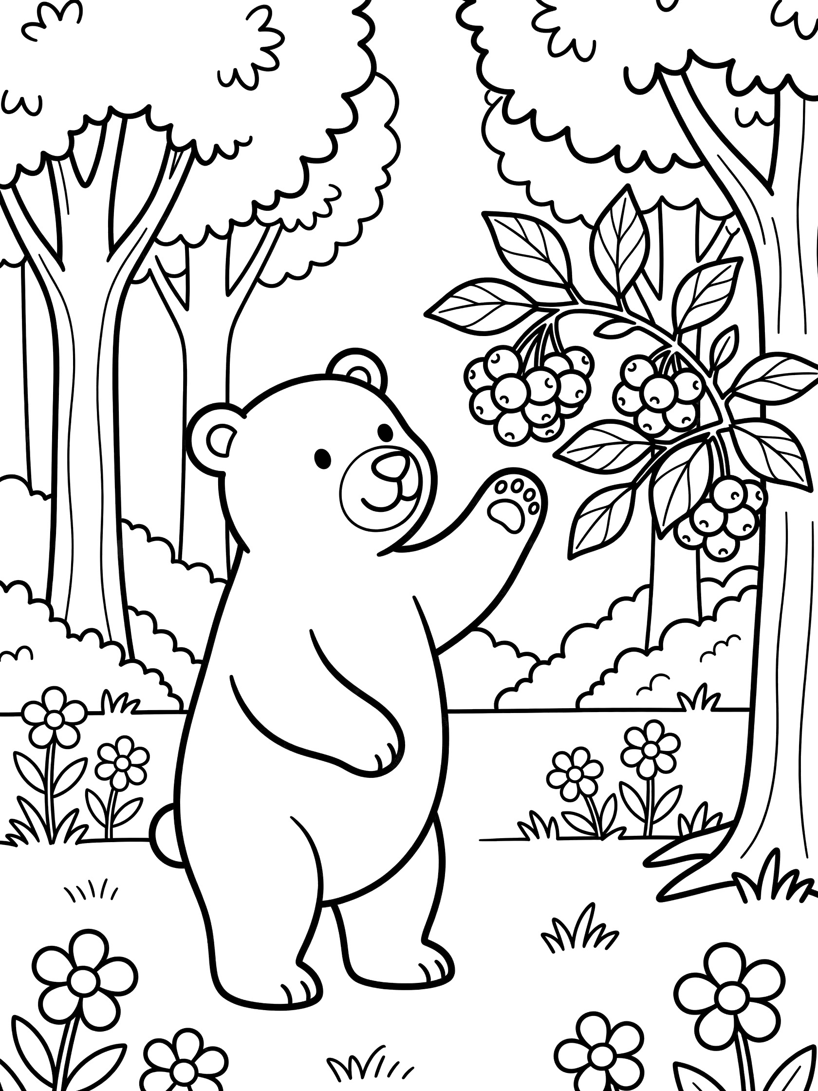 Black and white line art coloring page showing a friendly bear reaching for berries on a bush with trees and flowers in a forest clearing
