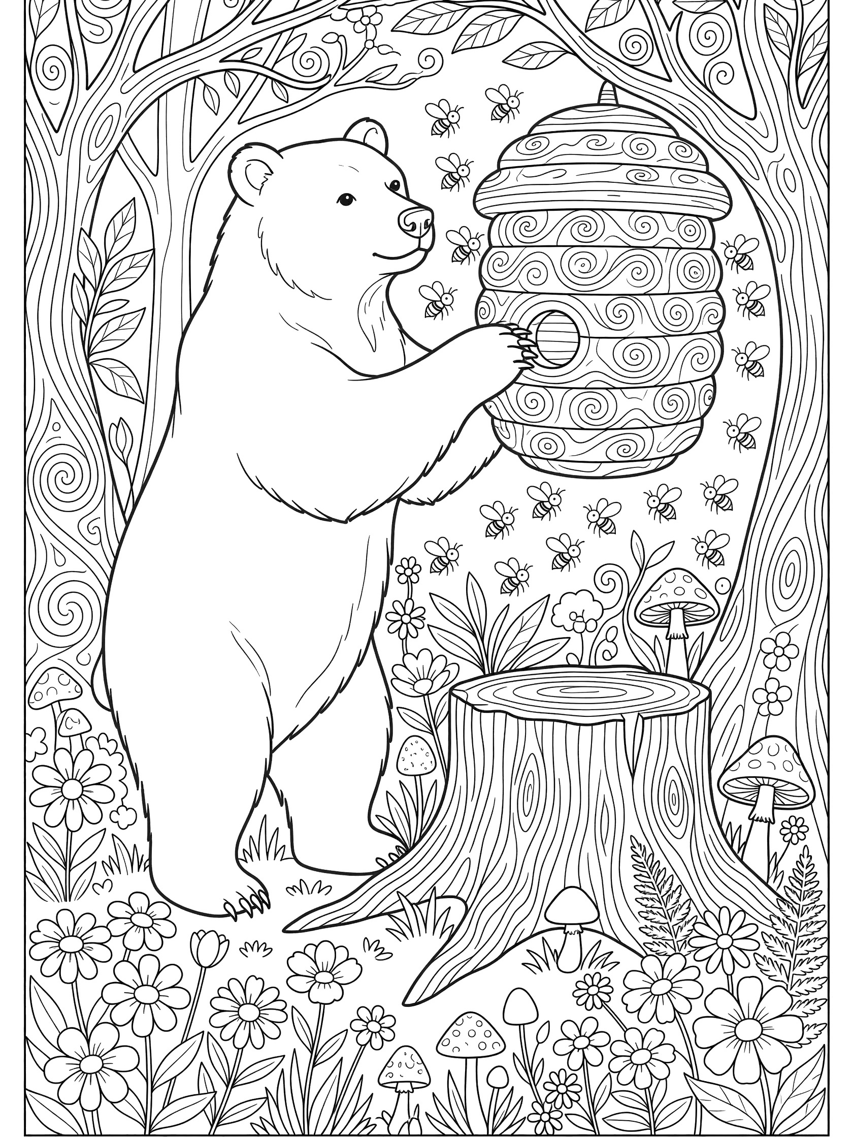 Black and white line art coloring page showing a bear standing on hind legs reaching paw into a beehive on a forest stump with buzzing bees, mushrooms, wildflowers and leafy branches.