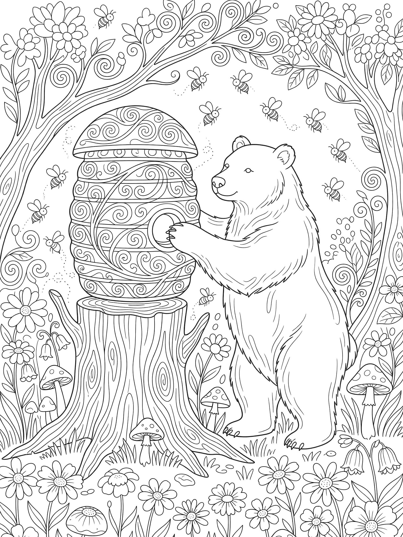 Black and white line art coloring page showing a bear standing on hind legs reaching one paw into a beehive on a stump. Bees fly around, flowers and mushrooms in forest setting.