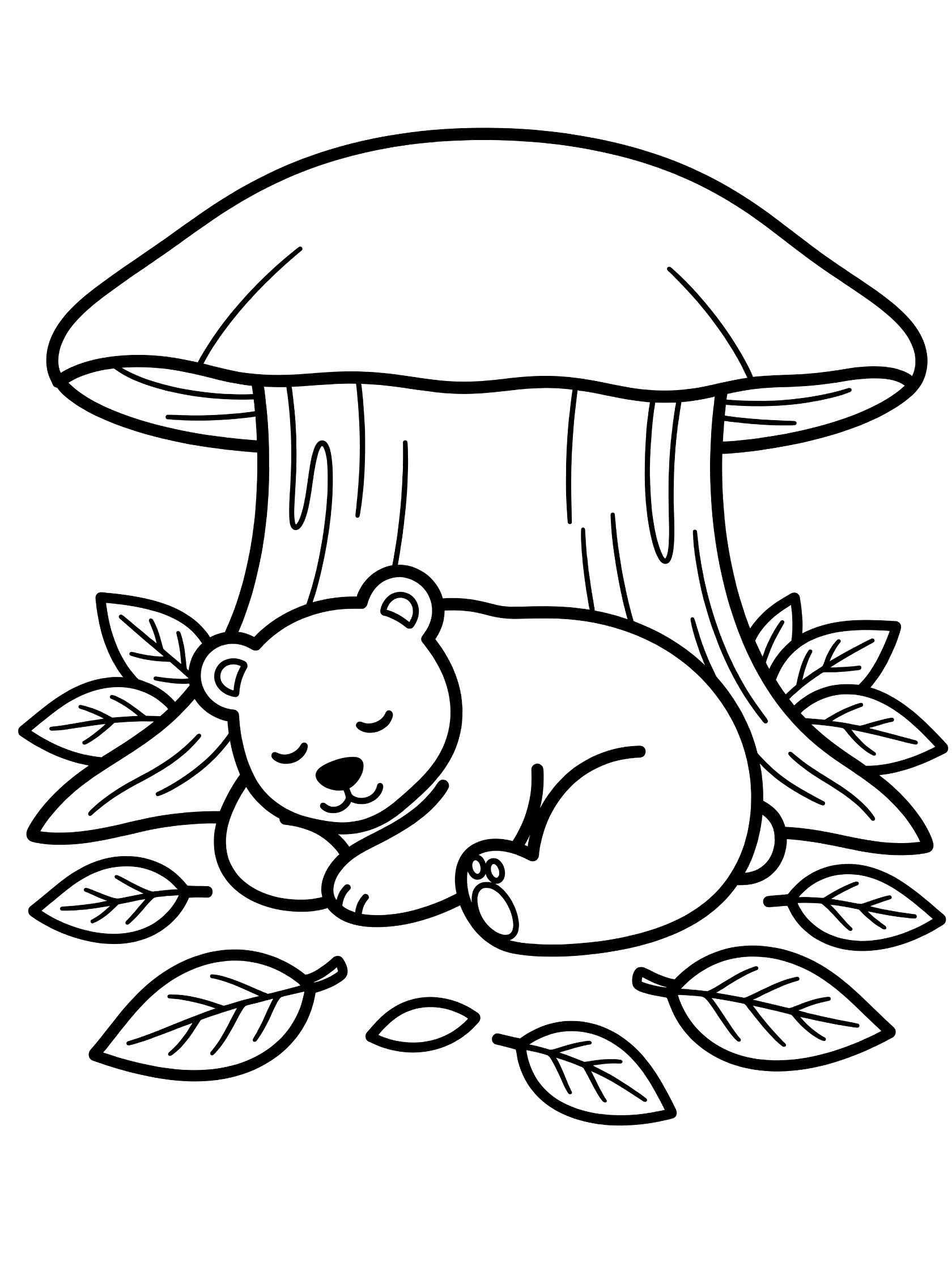Black and white coloring page of a cozy bear sleeping under a large mushroom-shaped stump surrounded by scattered leaves