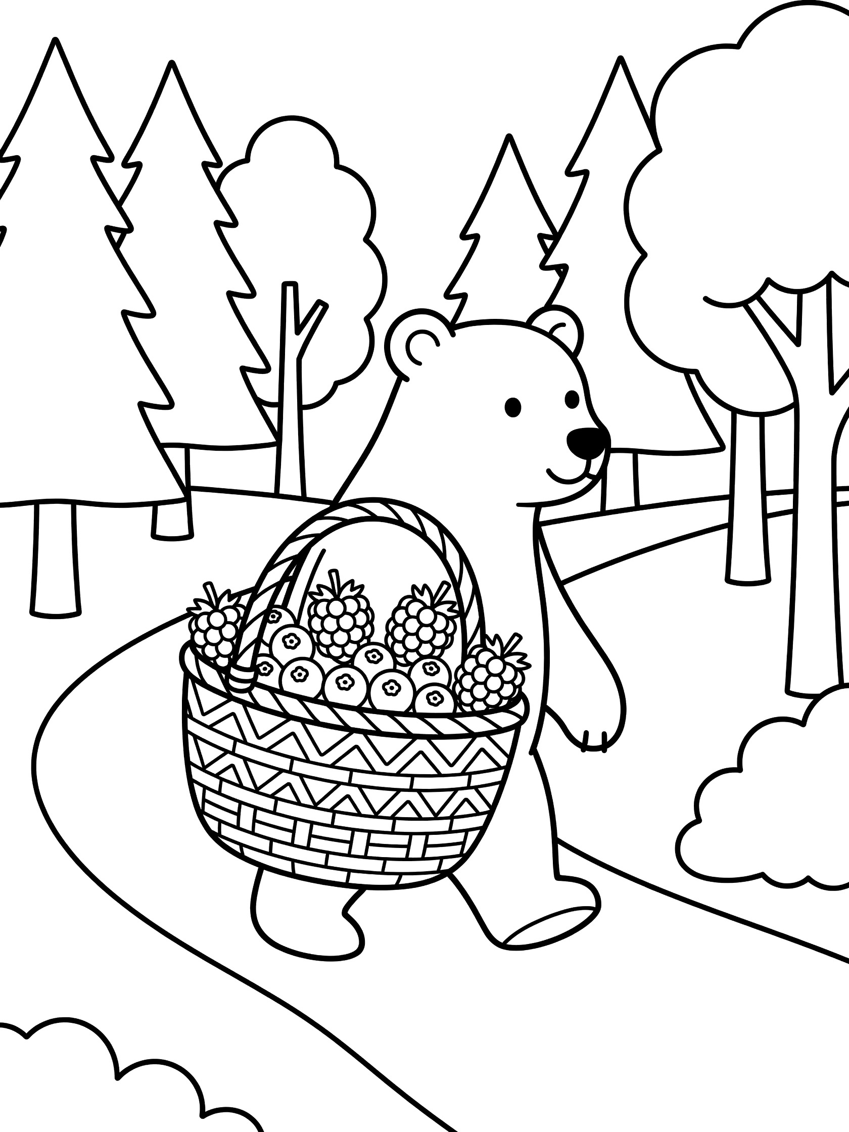 Black and white line drawing of a bear holding a woven basket full of berries, walking along a curved path lined with trees in a forest.