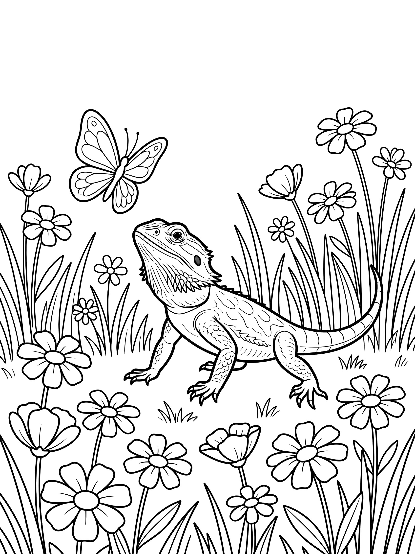 Black and white line art coloring page showing a bearded dragon lizard reaching for a butterfly near wildflowers and tall grass in a meadow.