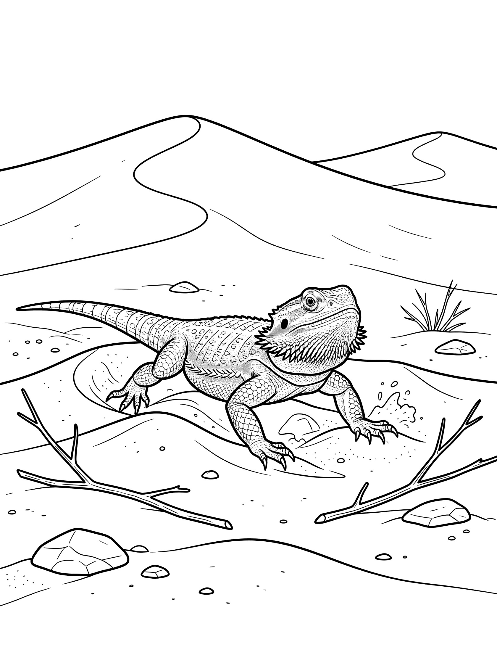 Black and white line art coloring page showing a bearded dragon lizard digging into sand dunes surrounded by small rocks, twigs, and desert hills.