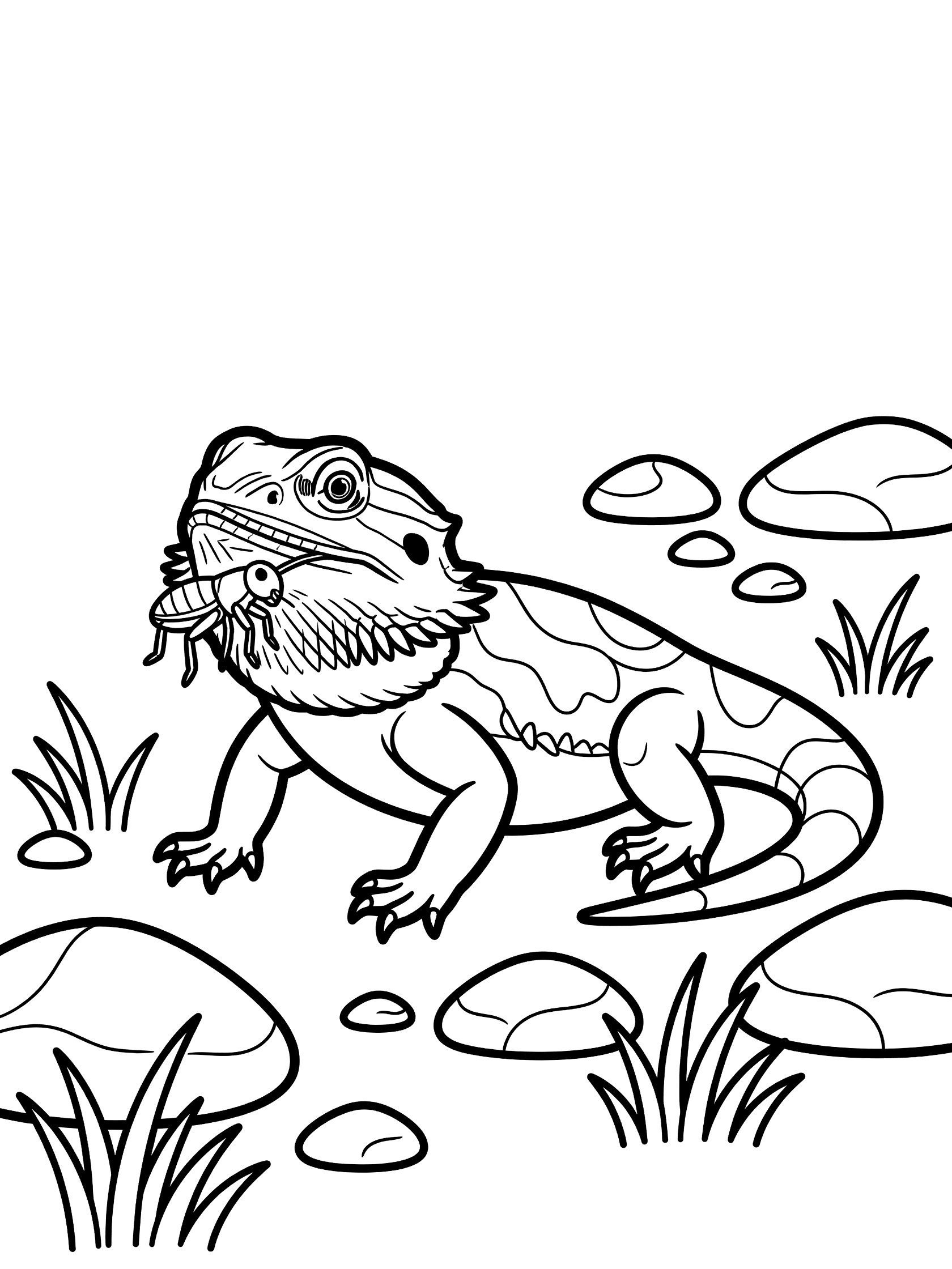 Black and white line art coloring page showing a bearded dragon lizard eating a cricket surrounded by pebbles and grass blades
