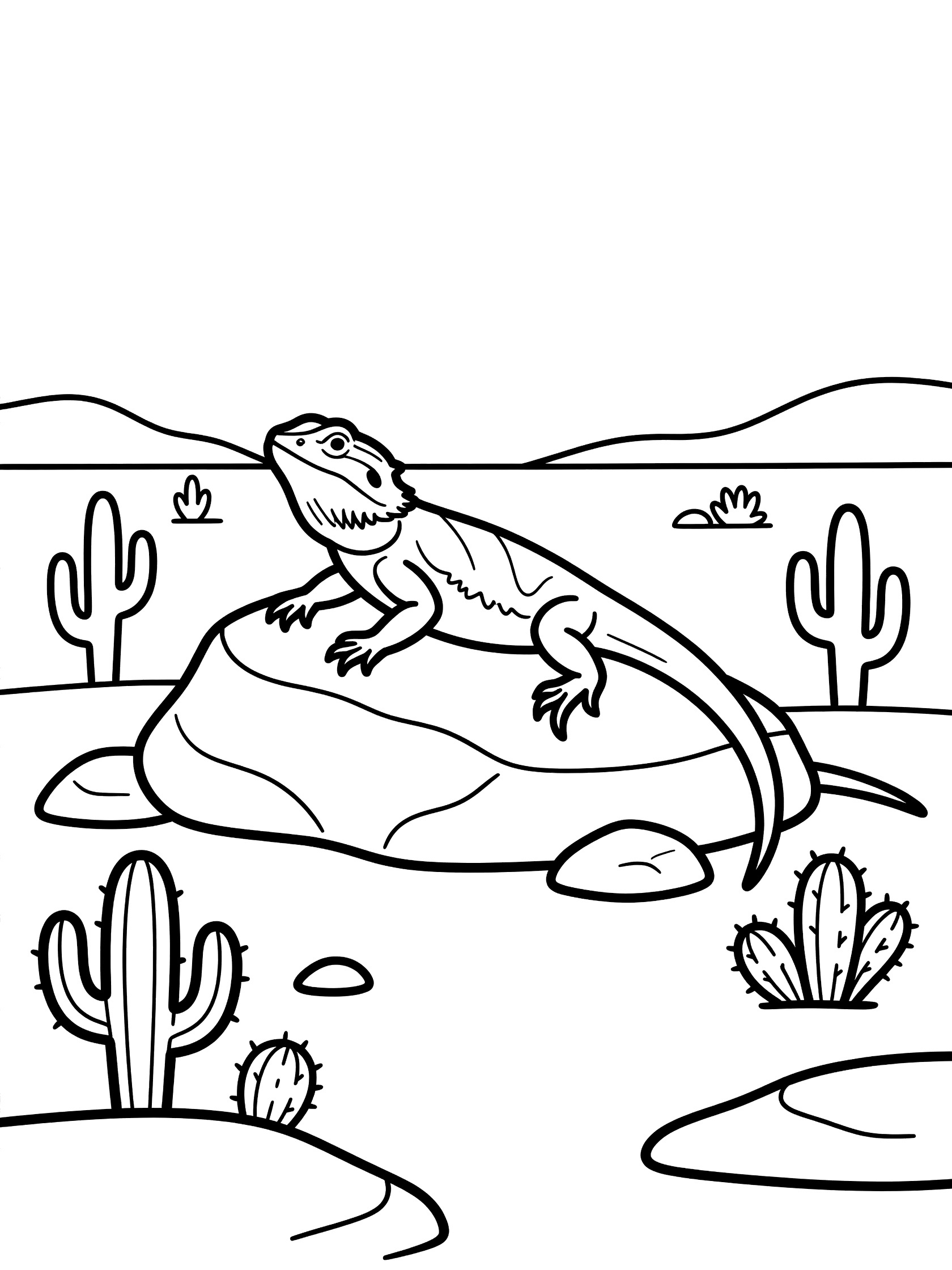Black and white coloring page of a bearded dragon lizard sitting on a large rock surrounded by cacti in a desert scene.