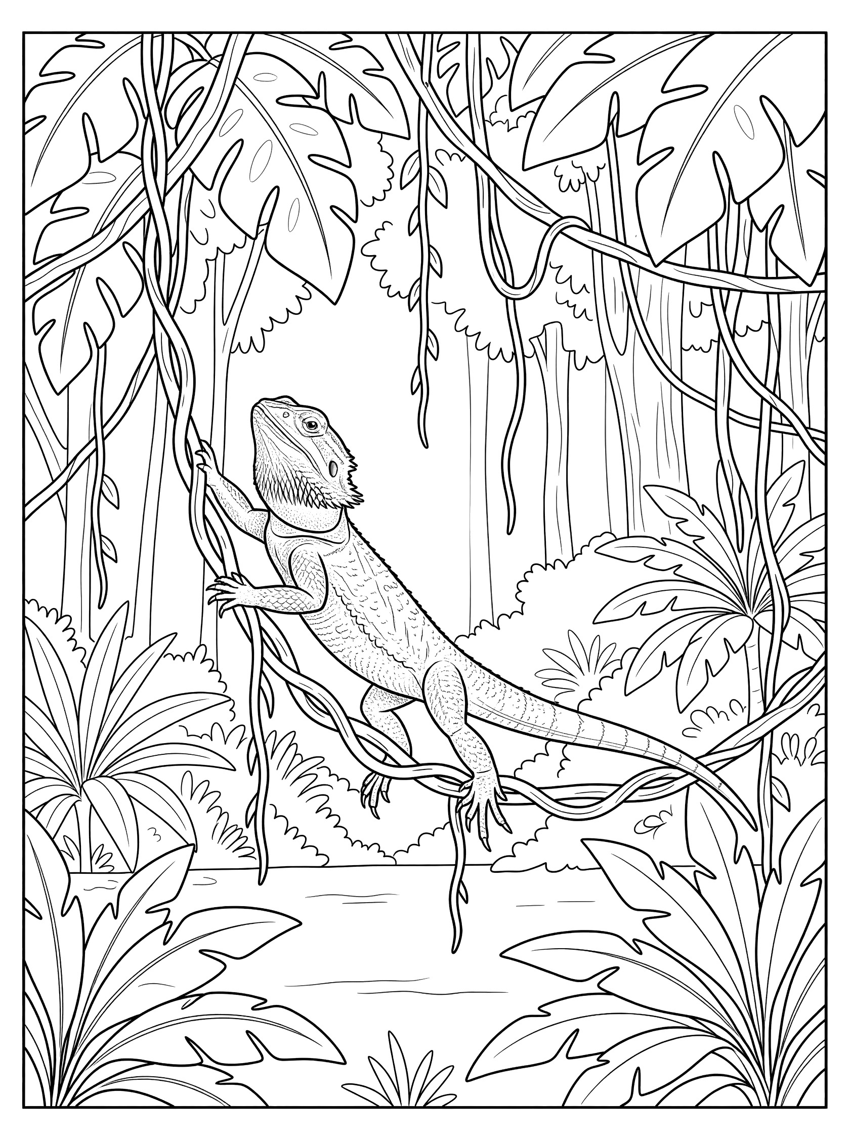 Black and white line art coloring page showing a bearded dragon lizard clinging to hanging vines surrounded by large jungle leaves.