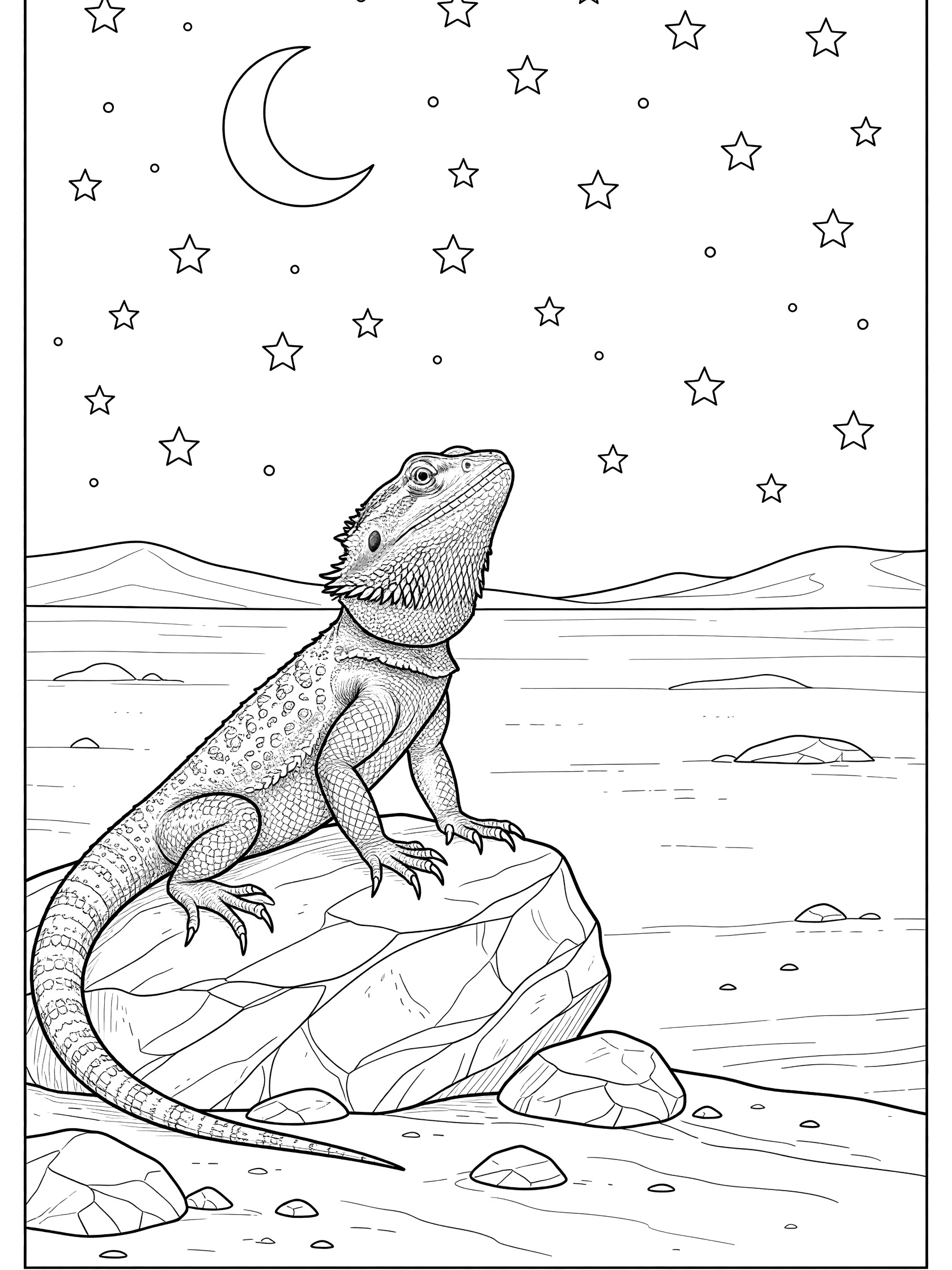 Black and white line art coloring page showing a detailed bearded dragon lizard perched on a large rock, gazing upward at simple stars and a crescent moon in a night sky with distant hills.
