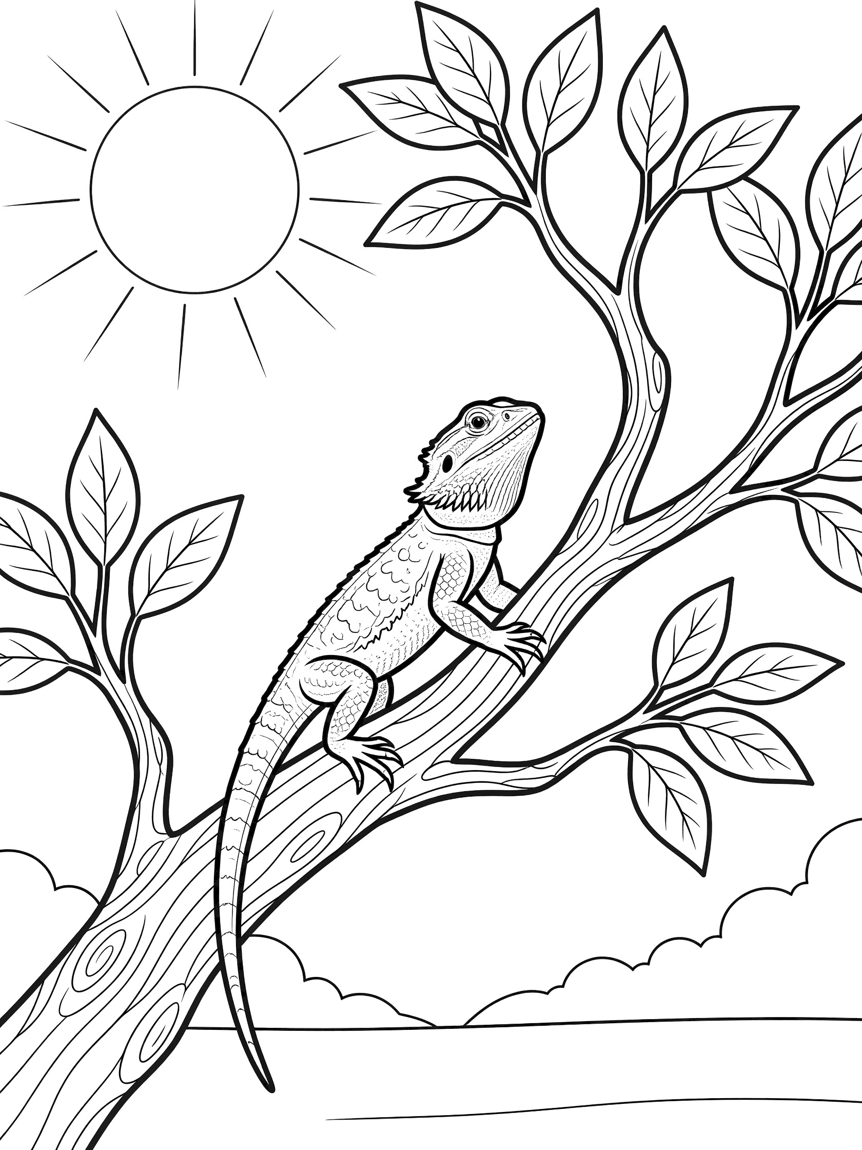 Black and white line art coloring page showing a bearded dragon lizard on a twisted tree branch with leaves, sun in the sky, and simple background.