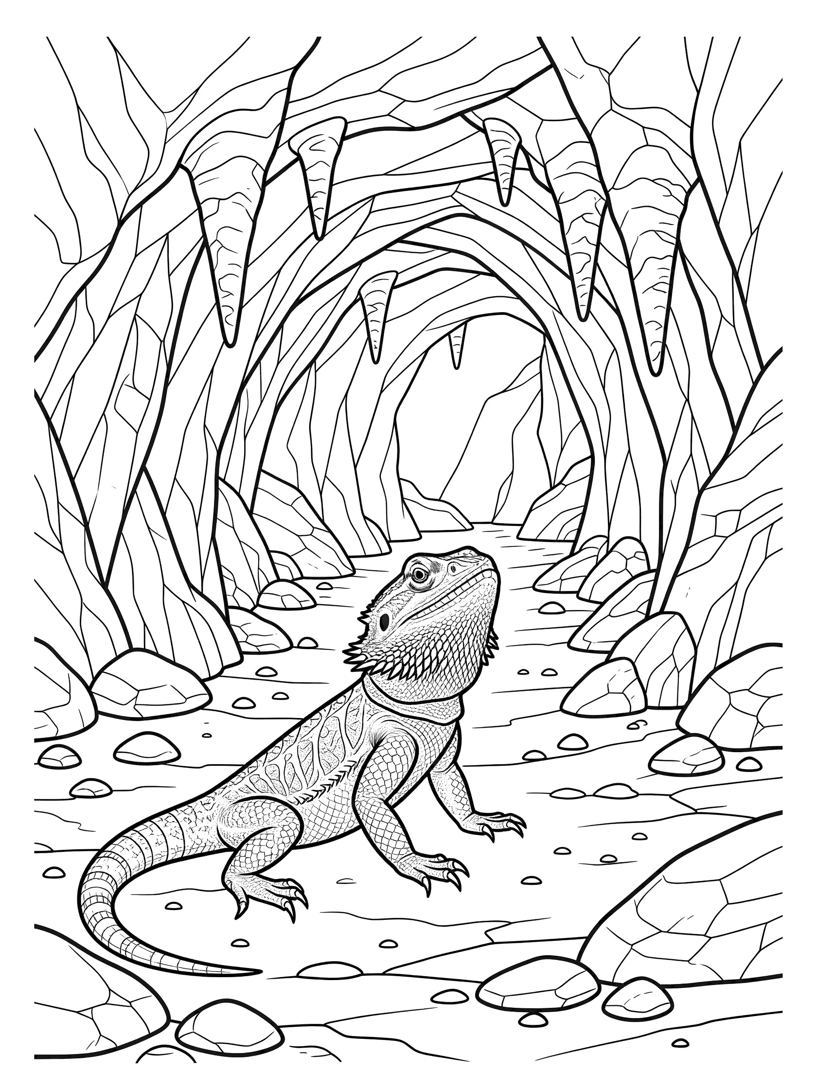 Black and white line art of a bearded dragon lizard looking into a cave entrance with stalactites, rocks, and stones on the ground.