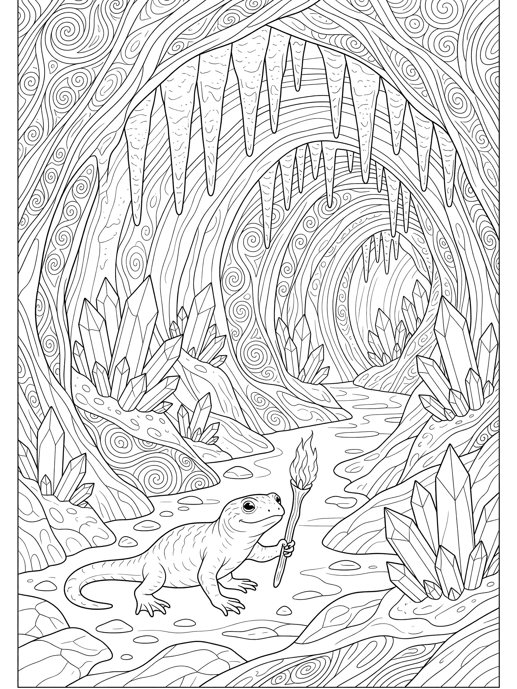 Black and white line art coloring page showing a bearded dragon with spiky beard holding a torch, walking in a detailed cave with hanging stalactites, sparkling crystals, and rocky path. Newt themed black and white printable line art