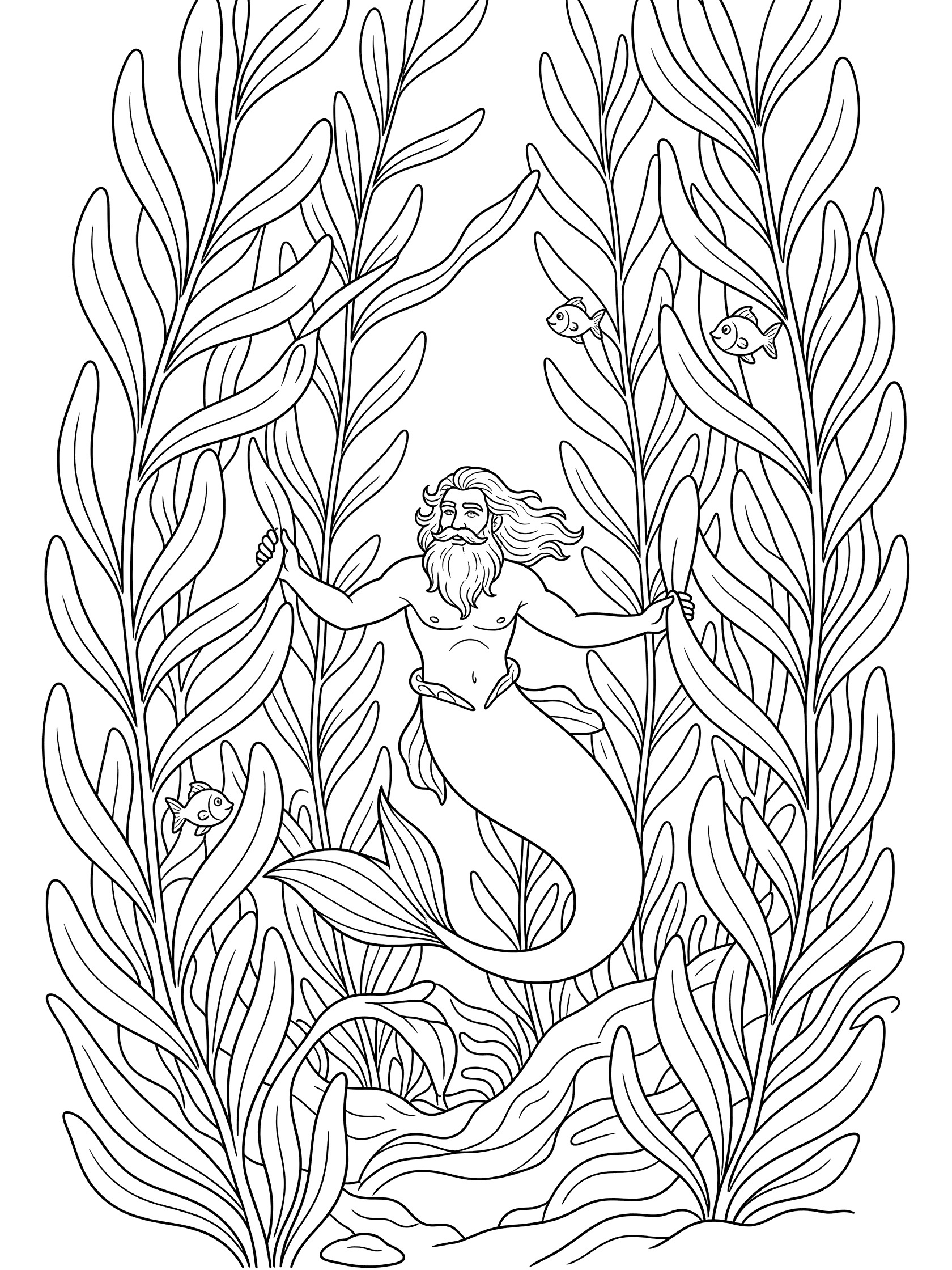 Black and white line art coloring page showing a bearded merman with long hair and tail swimming in a kelp forest with small fish hiding behind seaweed. Mermaid King themed black and white printable line art