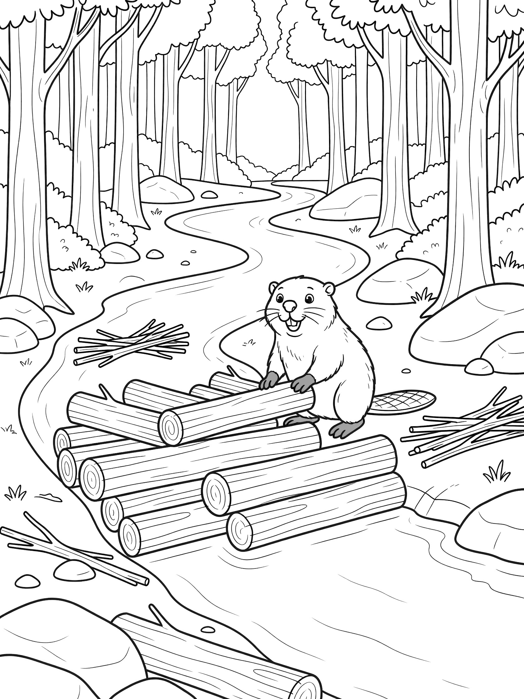 Black and white line art coloring page showing a happy beaver building a dam with logs over a winding river, surrounded by forest trees, rocks, and branches.