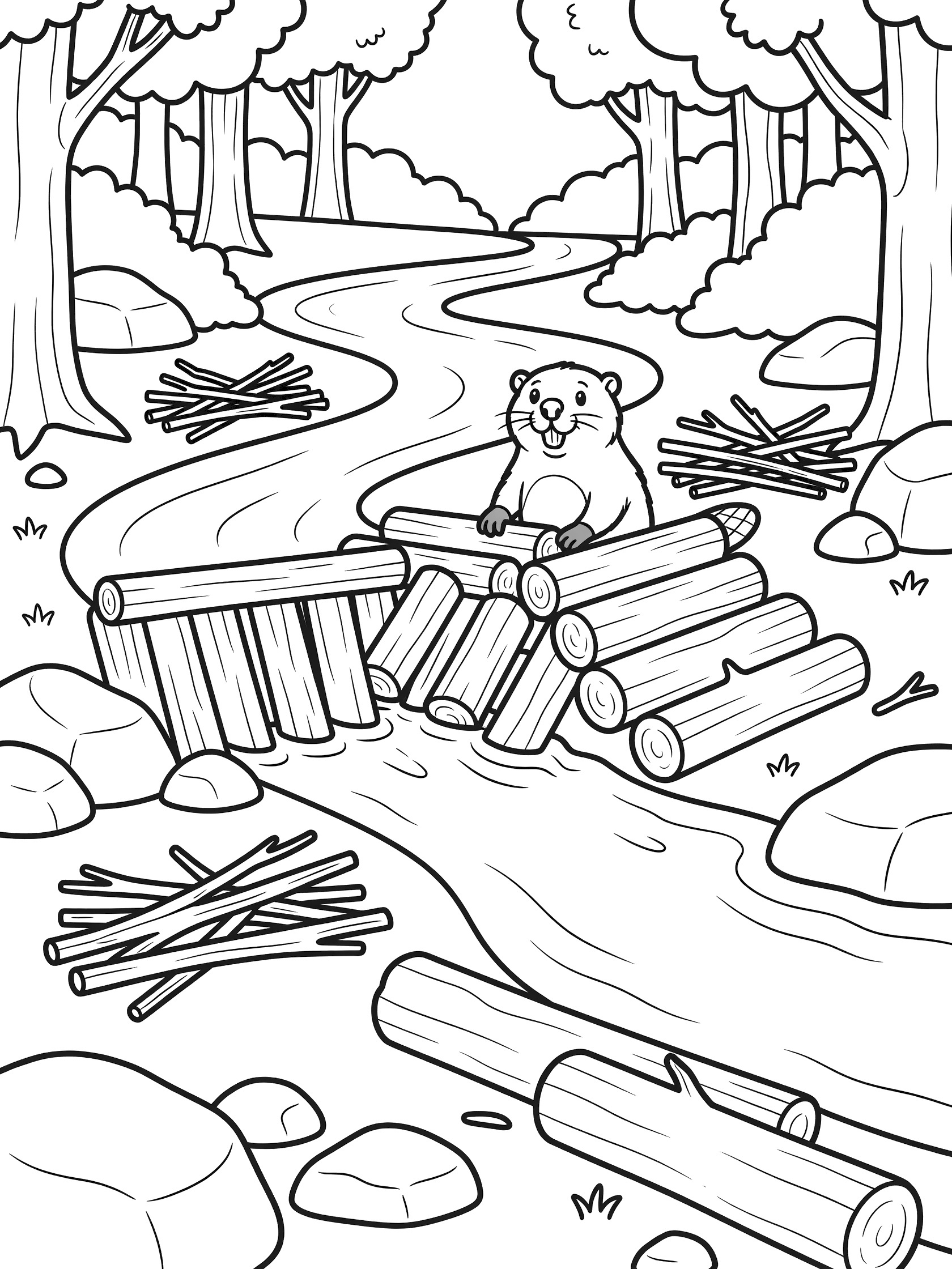 Black and white line art coloring page showing a beaver building a dam with logs over a winding river, surrounded by trees, rocks, and branches.