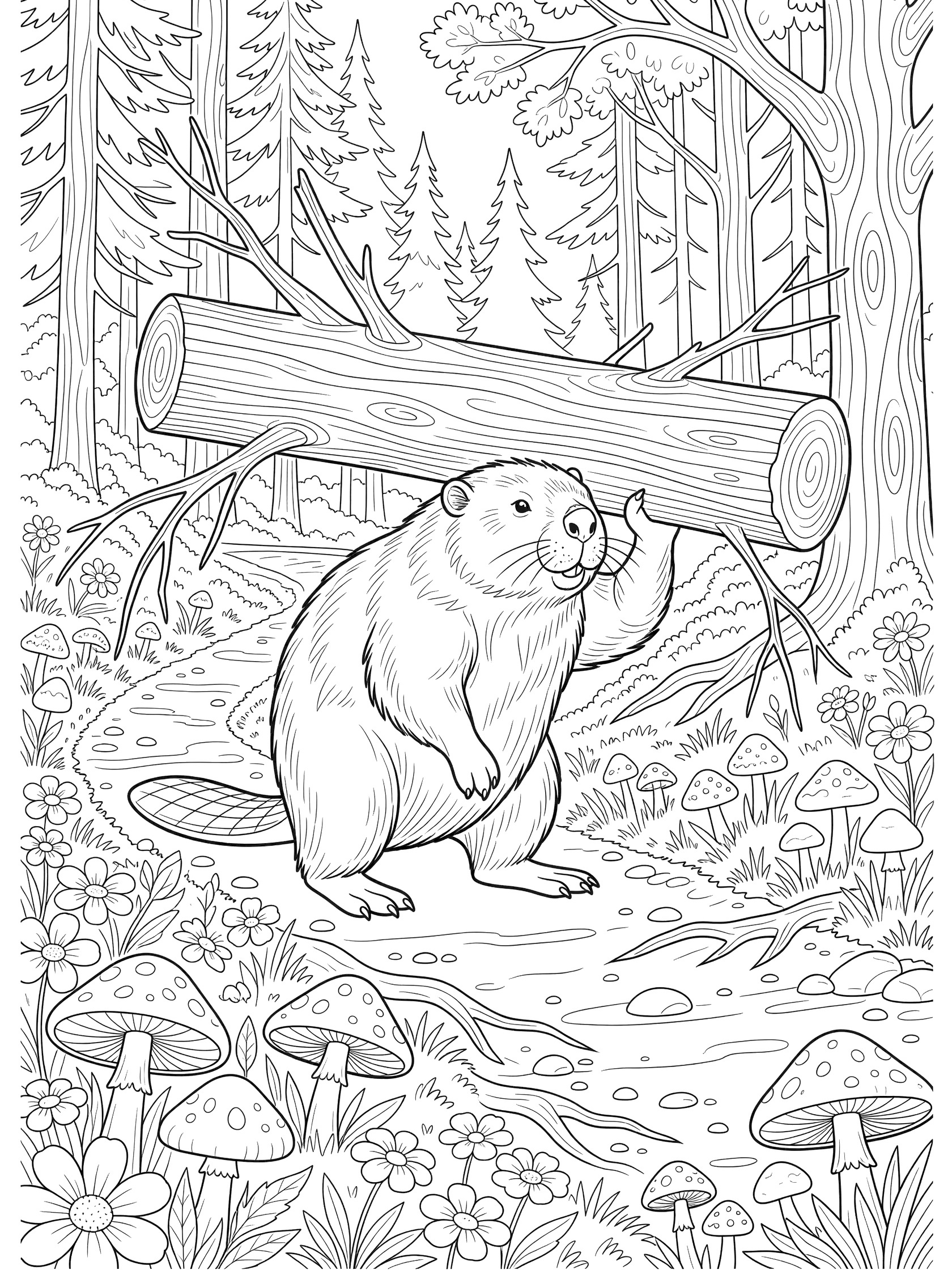 Black and white line art of a beaver carrying a large log through a forest path lined with mushrooms, flowers, and trees.