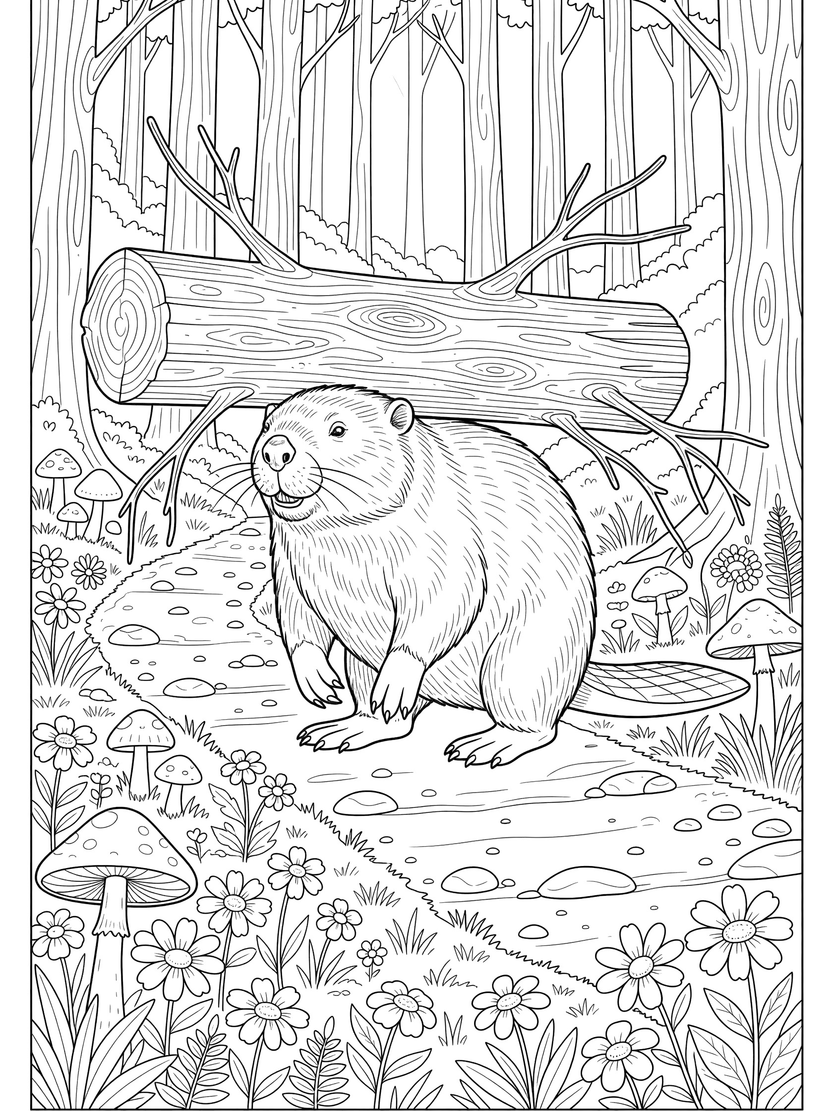 Black and white line art coloring page showing a beaver balancing a large log on its shoulder while walking on a forest path lined with mushrooms, flowers, twigs, and trees.