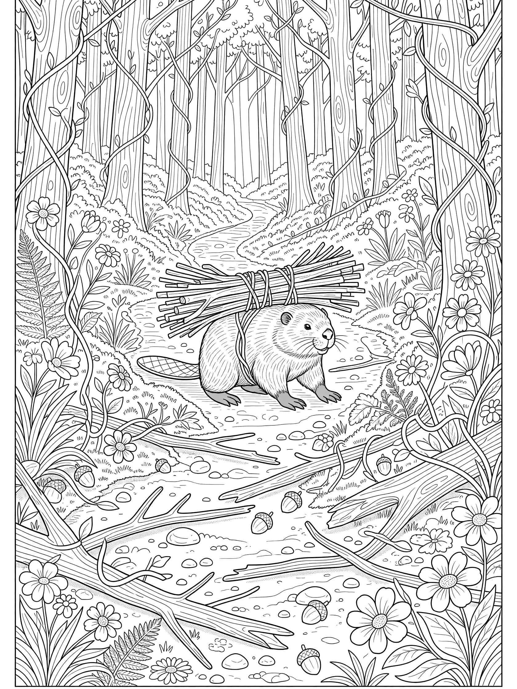 Black and white line art coloring page showing a beaver carrying a bundle of sticks on its back along a forest path lined with trees, twisting vines, wildflowers, scattered branches and acorns.