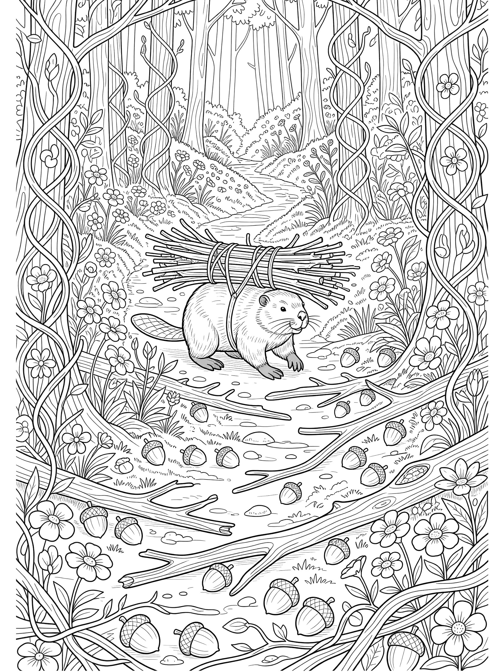 Black and white line art coloring page showing a beaver carrying a bundle of sticks on its back walking on a forest path surrounded by trees, twisting vines, wildflowers, scattered acorns and branches.