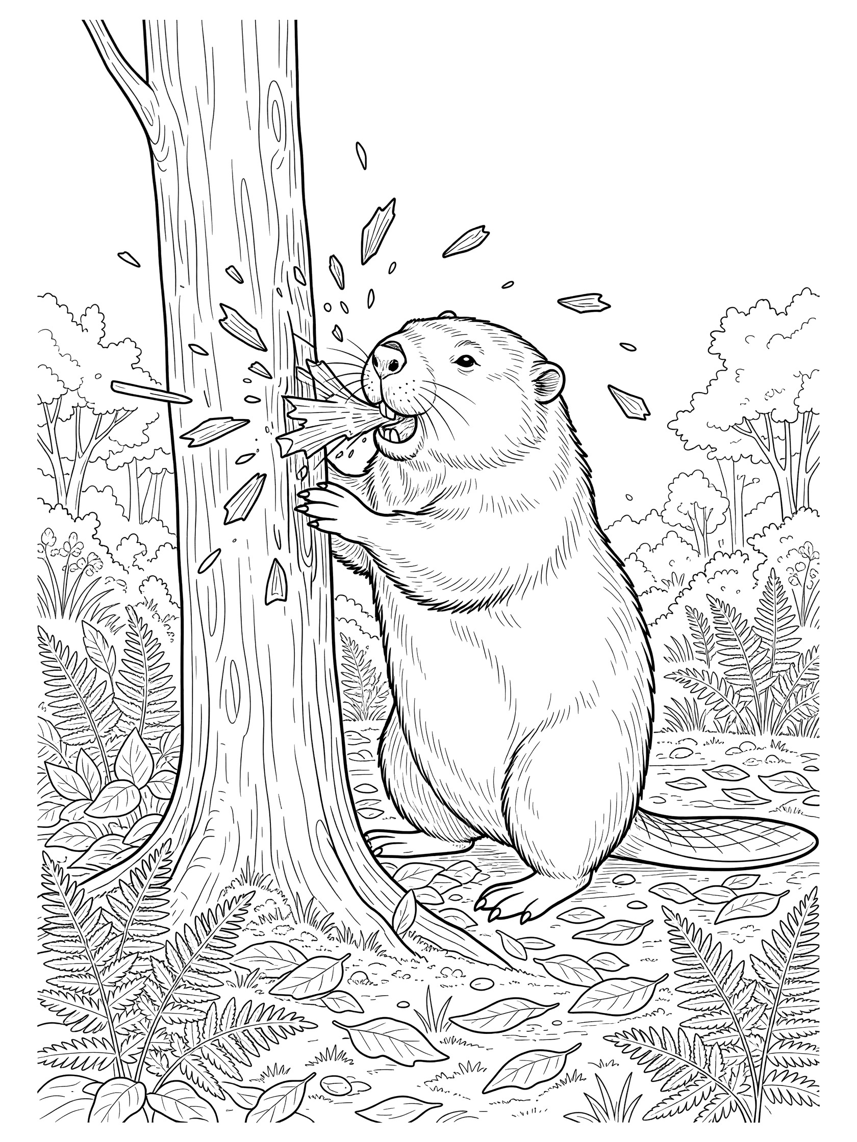 Black and white line art coloring page showing a beaver standing on hind legs chewing a tall tree trunk, wood chips flying out, surrounded by ferns and fallen leaves on the ground.