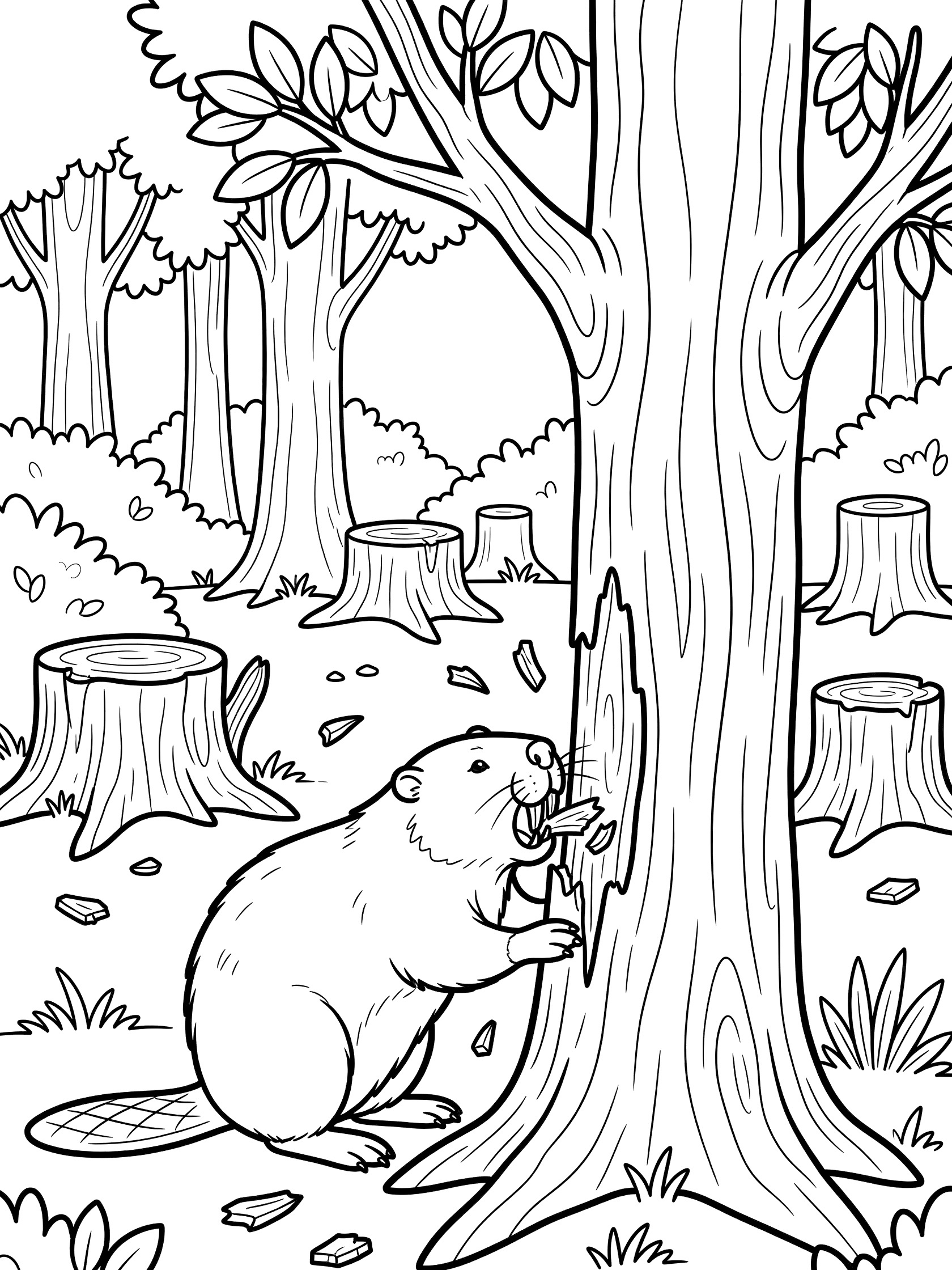 Black and white line art coloring page showing a beaver gnawing on a large tree trunk surrounded by flying wood chips, tree stumps, and forest foliage.