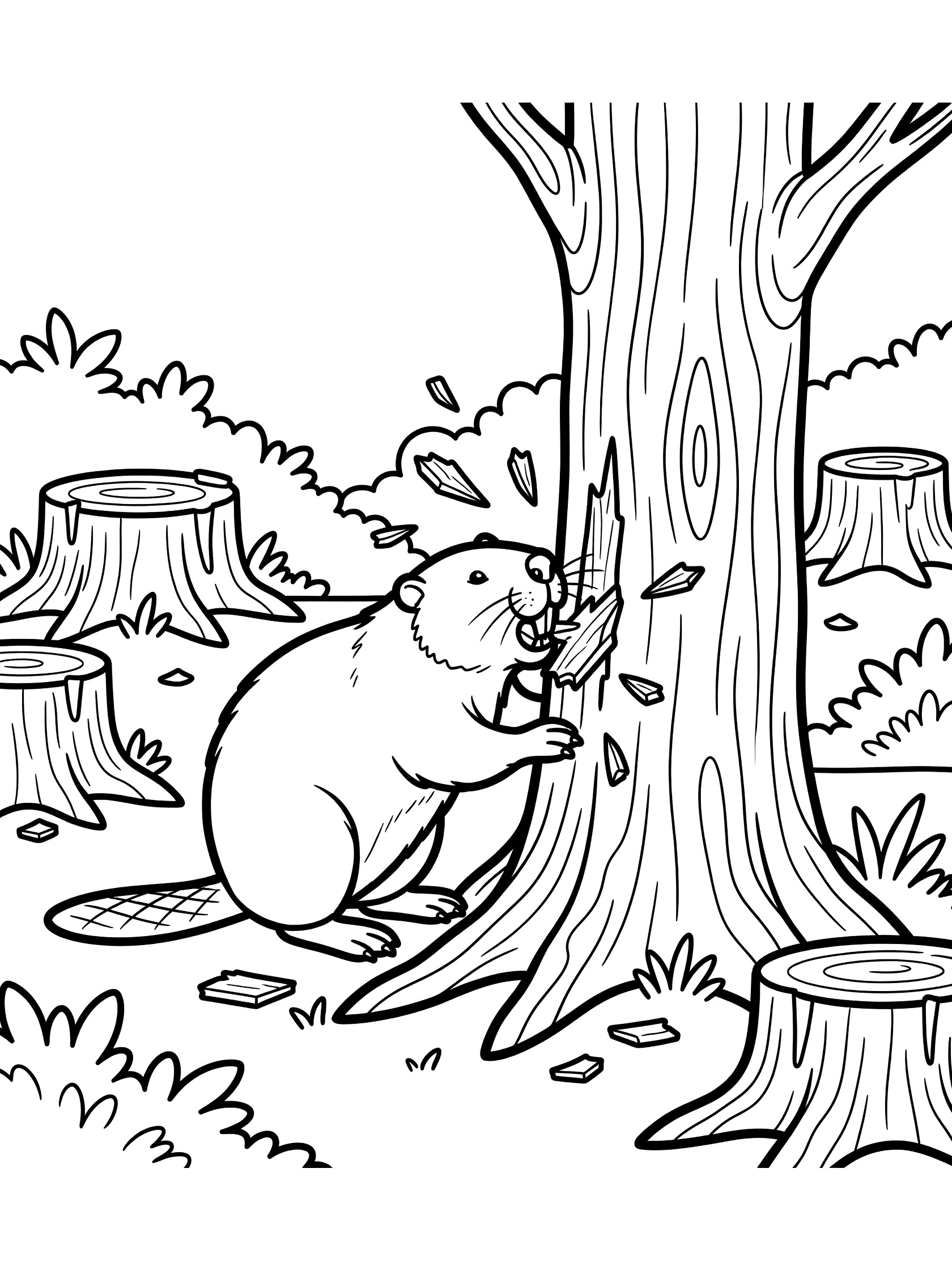 Black and white line art coloring page showing a beaver gnawing on a large tree trunk, wood chips flying, stumps and bushes in forest background.