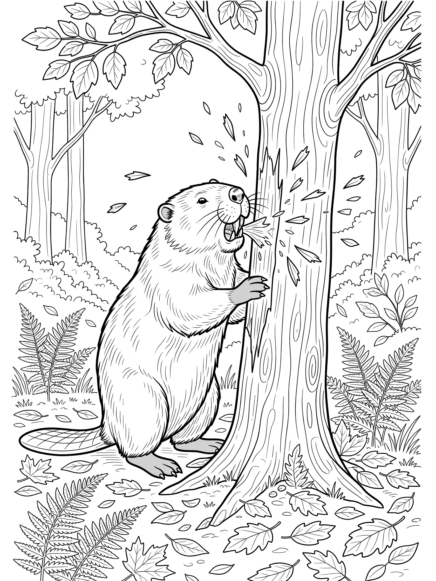 Black and white line art coloring page showing a beaver standing on hind legs chewing a tree trunk, wood chips flying out, surrounded by ferns and fallen leaves on forest ground.