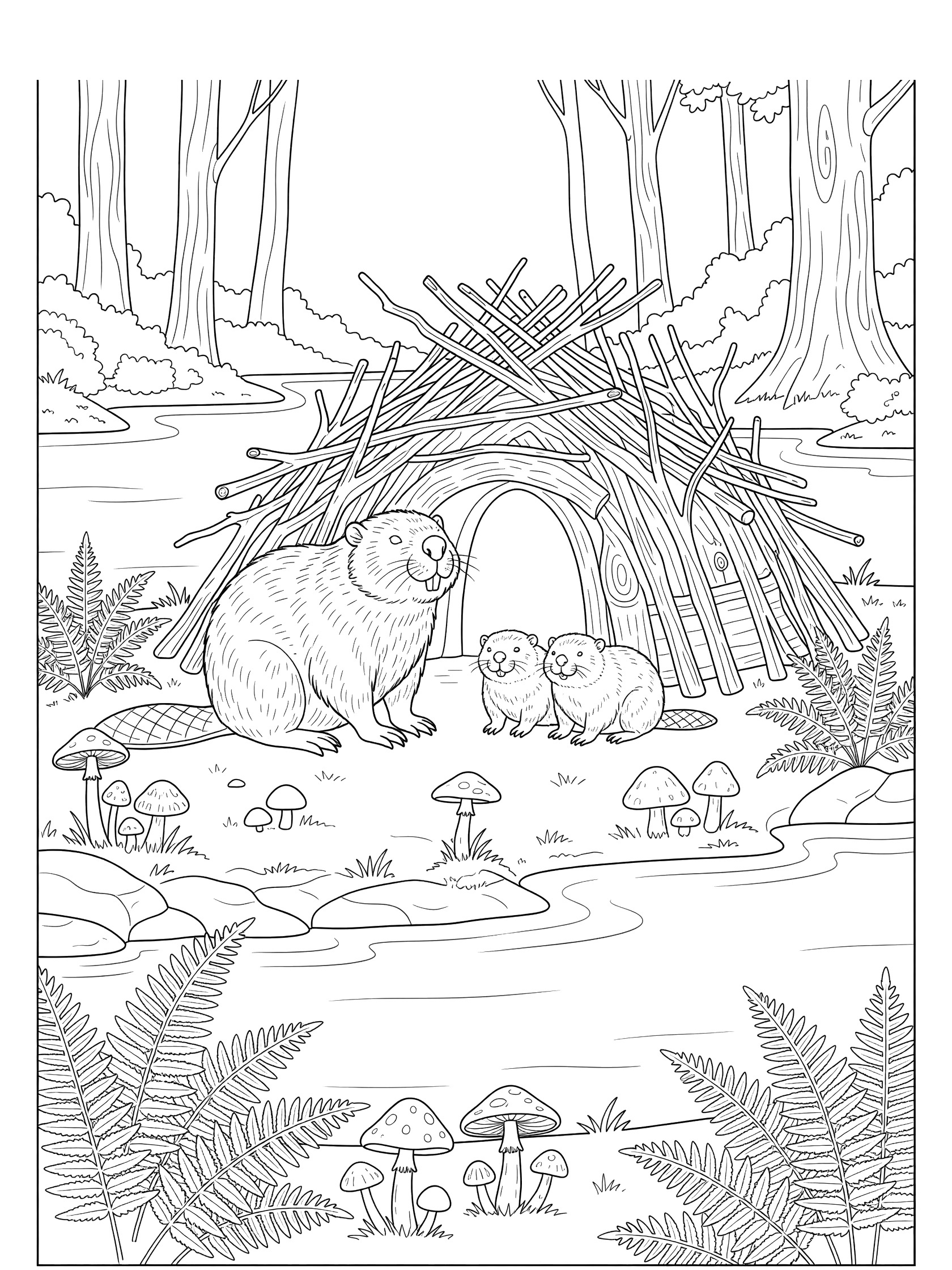 Black and white line art of a beaver family sitting outside a stick lodge by the riverbank with mushrooms and ferns in a forest setting.