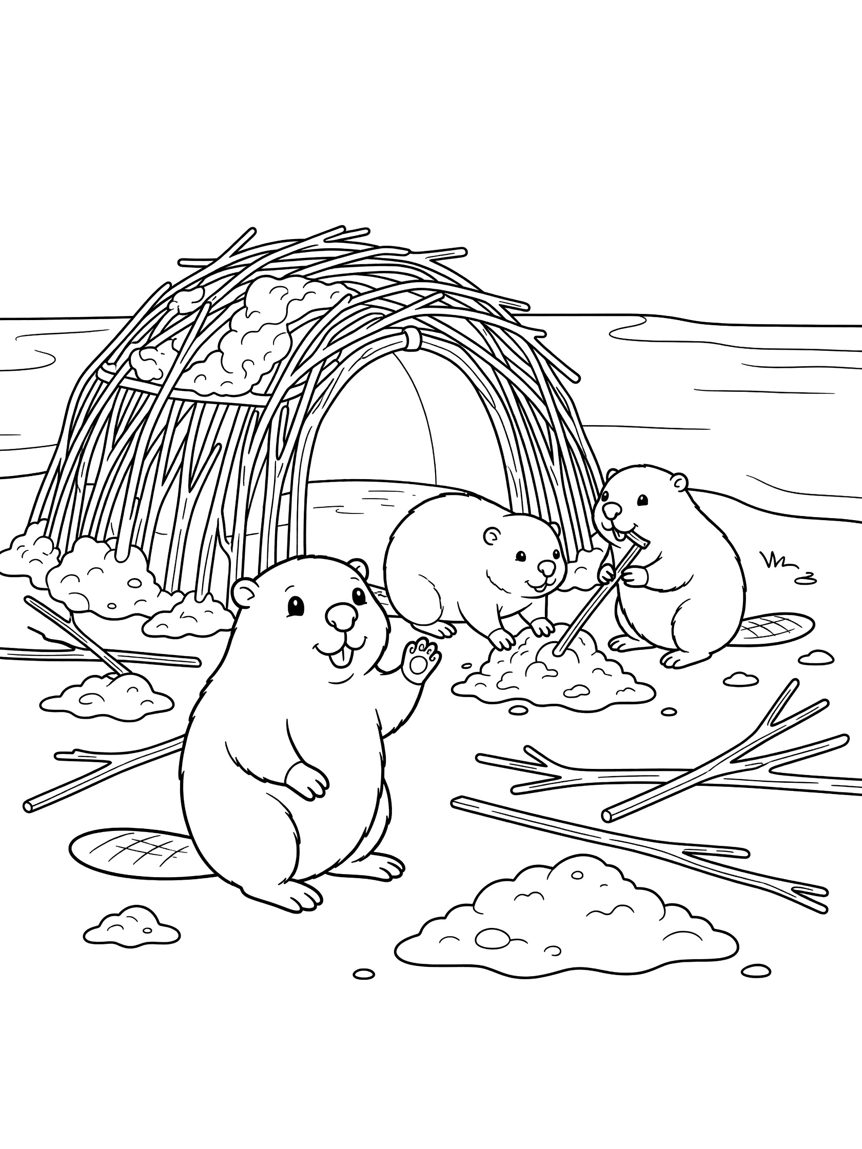 Black and white line art coloring page showing three cute beavers at the entrance of a stick and mud lodge by the water, one beaver waving, surrounded by sticks and mud piles.