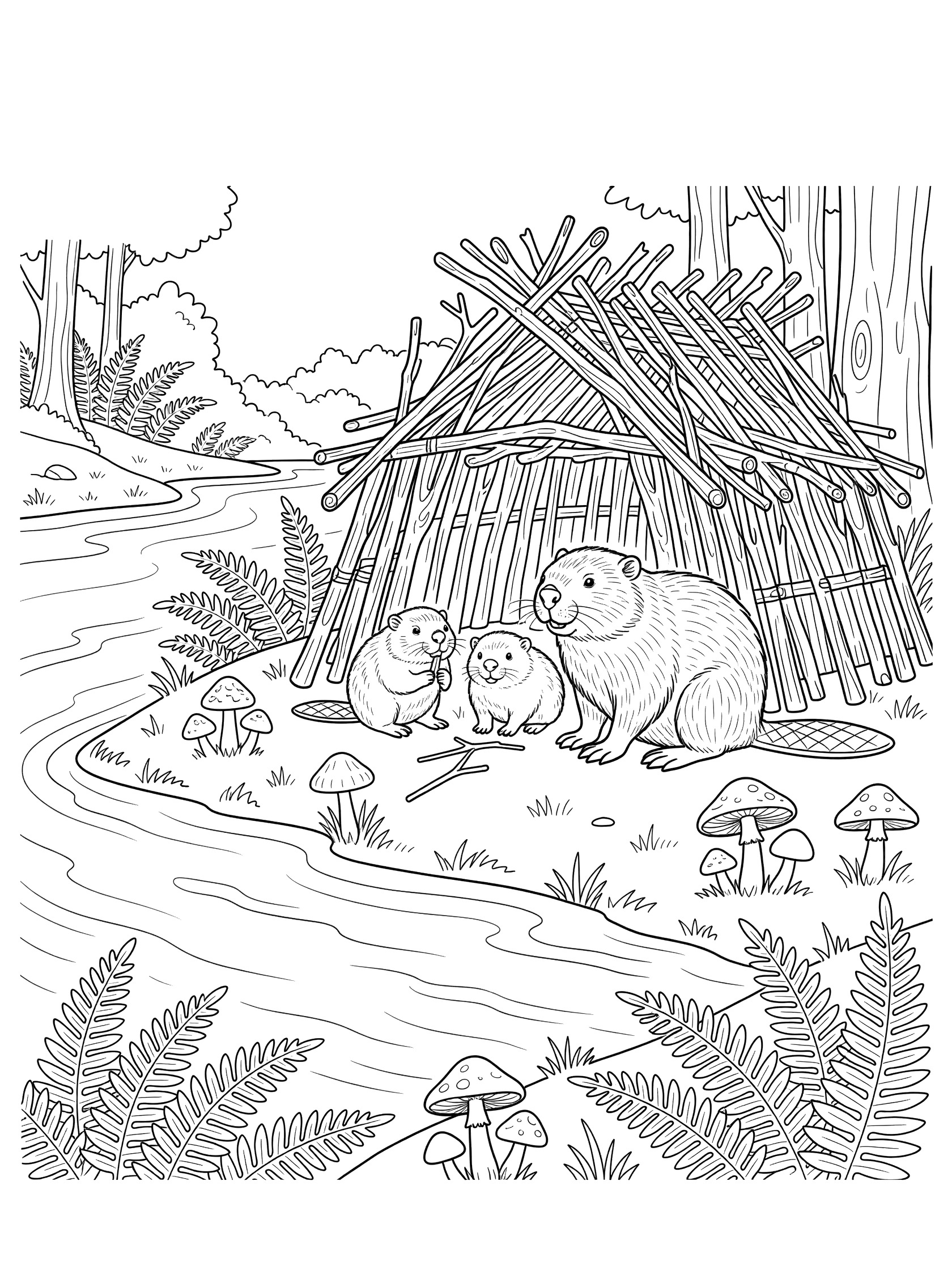 Black and white line art coloring page showing a parent beaver with two baby beavers sitting by a stick lodge on the riverbank with mushrooms and ferns.