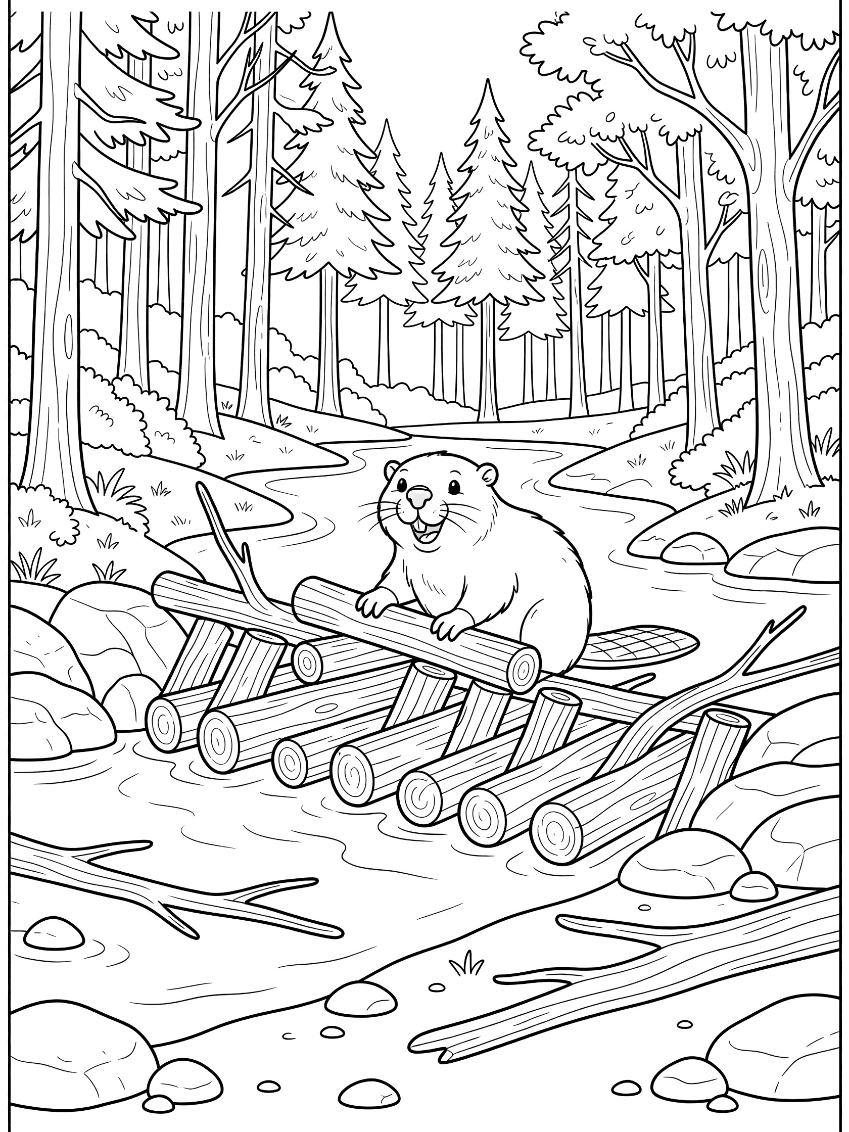 Black and white line art coloring page showing a beaver sitting on a raft made of logs floating in a river surrounded by tall trees and rocks