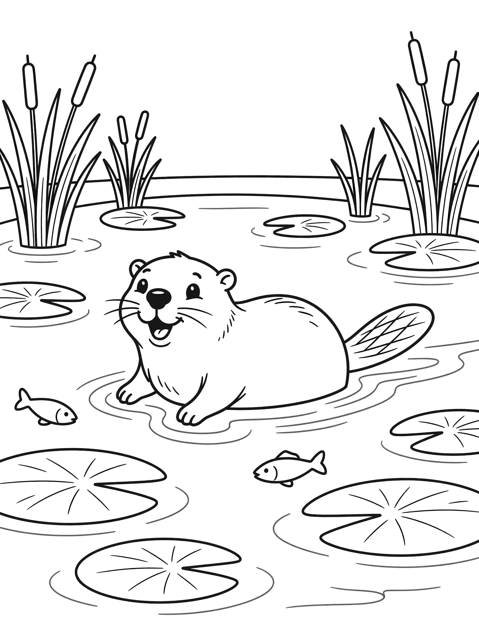 Black and white line art coloring page showing a cheerful beaver playing in a calm pond surrounded by lily pads, tall reeds, small fish, and soft waves.
