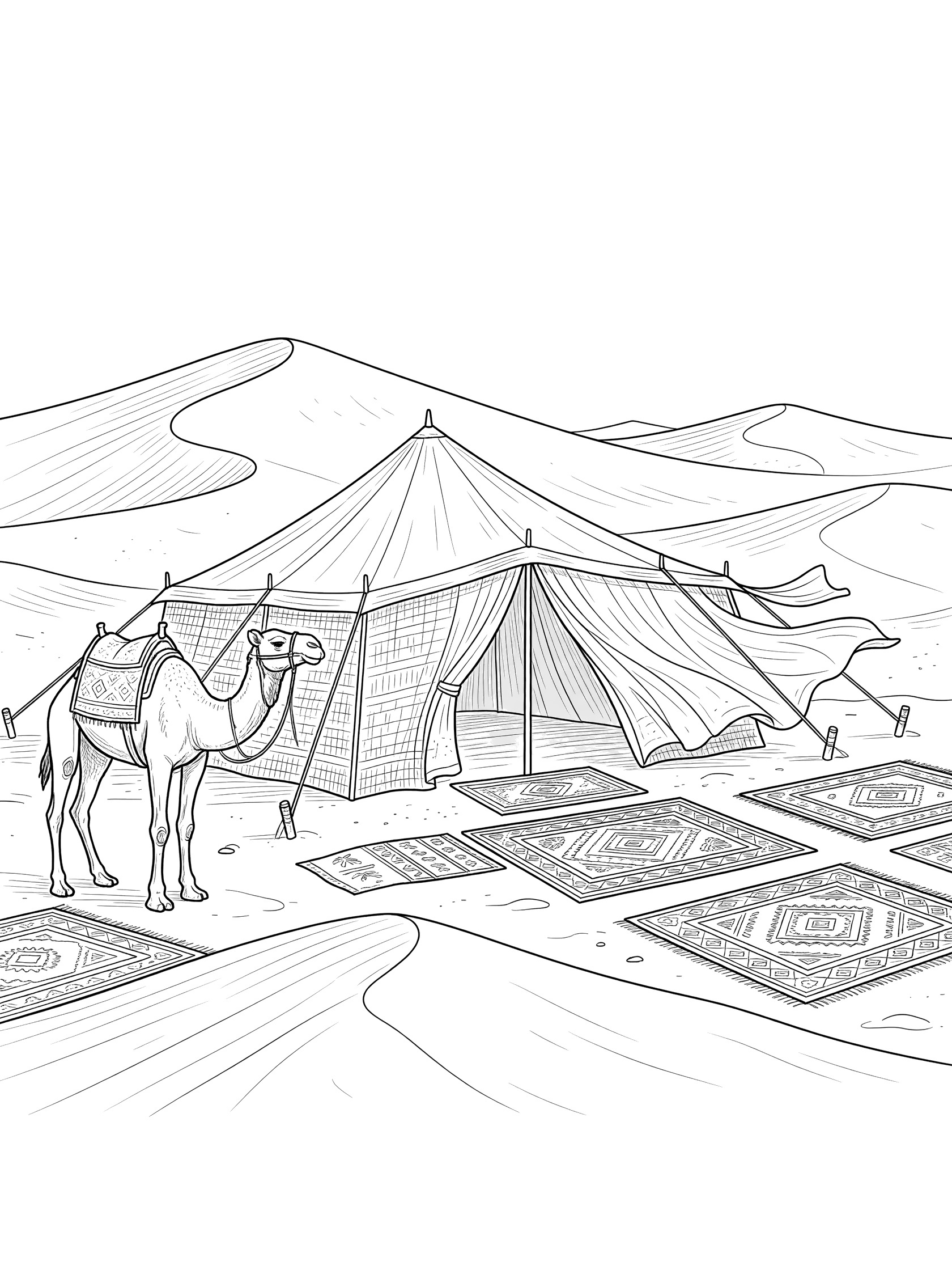 Black-and-white line art of a traditional Bedouin tent with flapping fabric, camel, woven rugs, and sand dunes in the Arabian Desert.