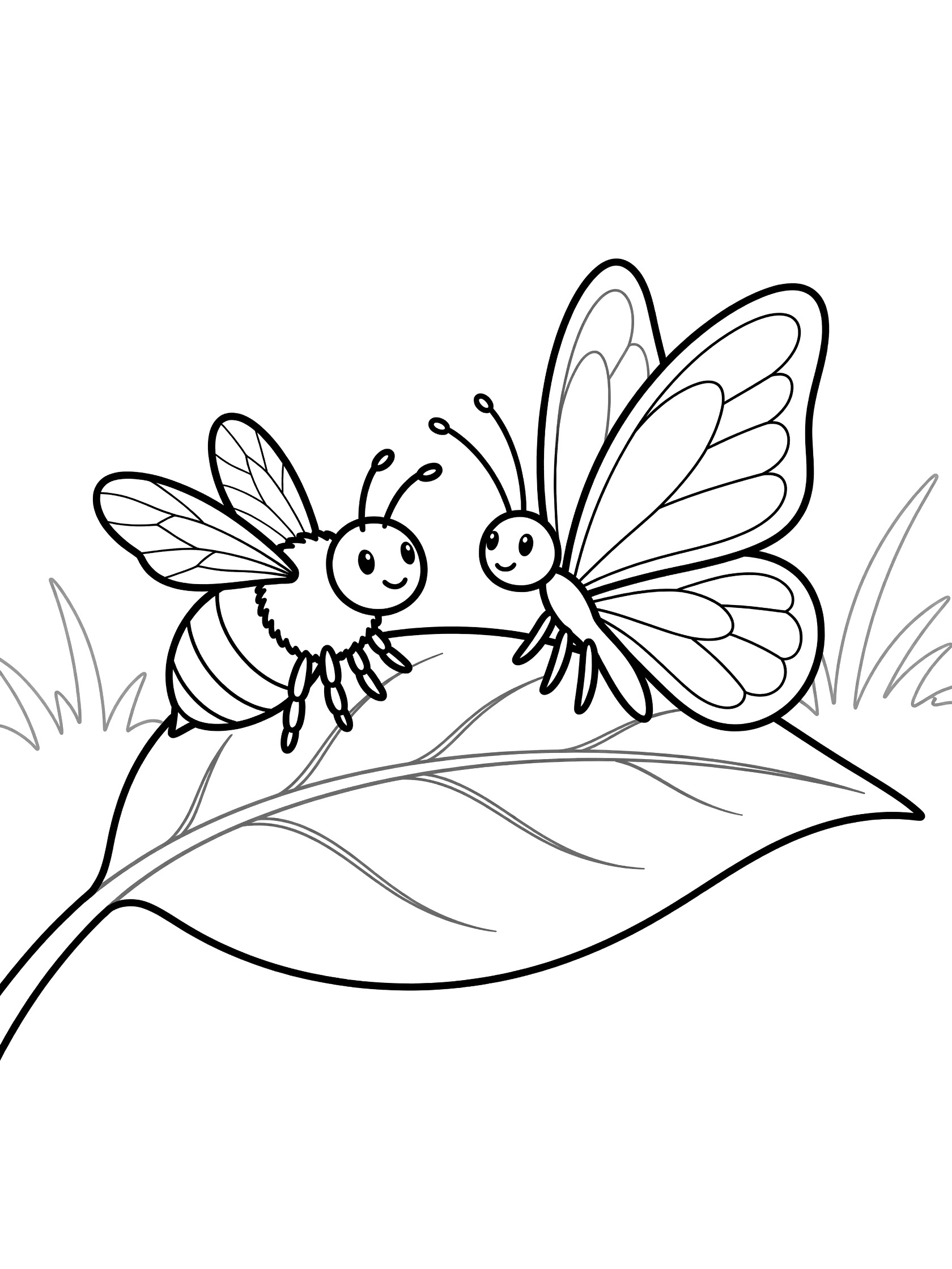 Black and white line art coloring page showing a cute bee and butterfly facing each other on a leaf with grass below.