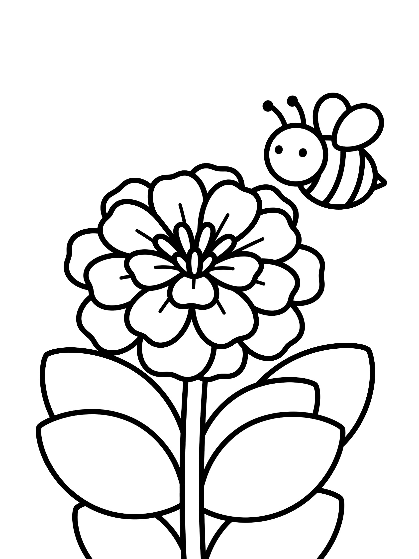 Black and white coloring page of a flower with many round petals on a stem with leaves and a bee flying nearby. Zinnia themed black and white printable line art