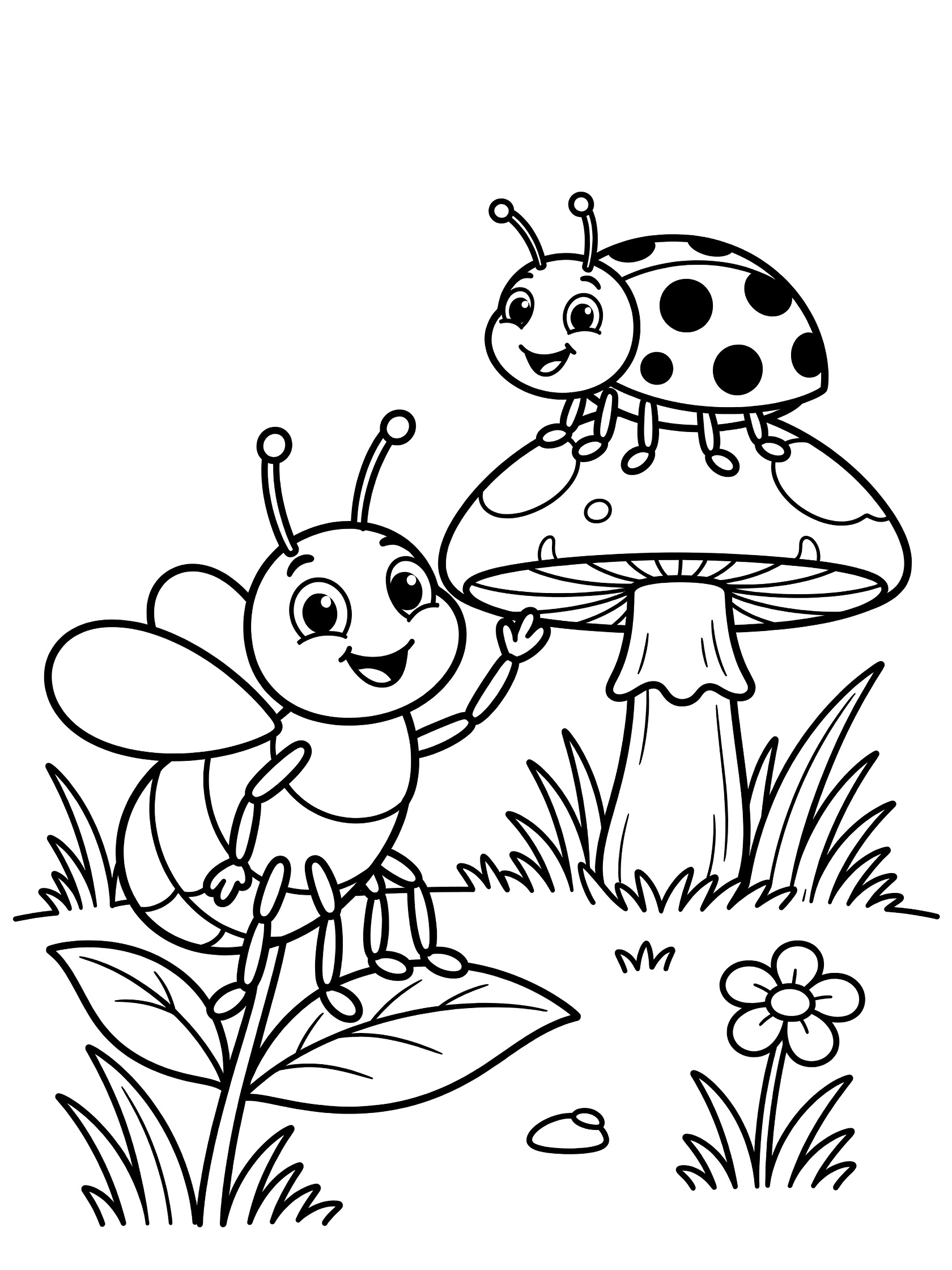 Black and white line art coloring page showing a cheerful bee waving to a spotted ladybug sitting on a mushroom cap, surrounded by grass leaves and a flower. Flea themed black and white printable line art