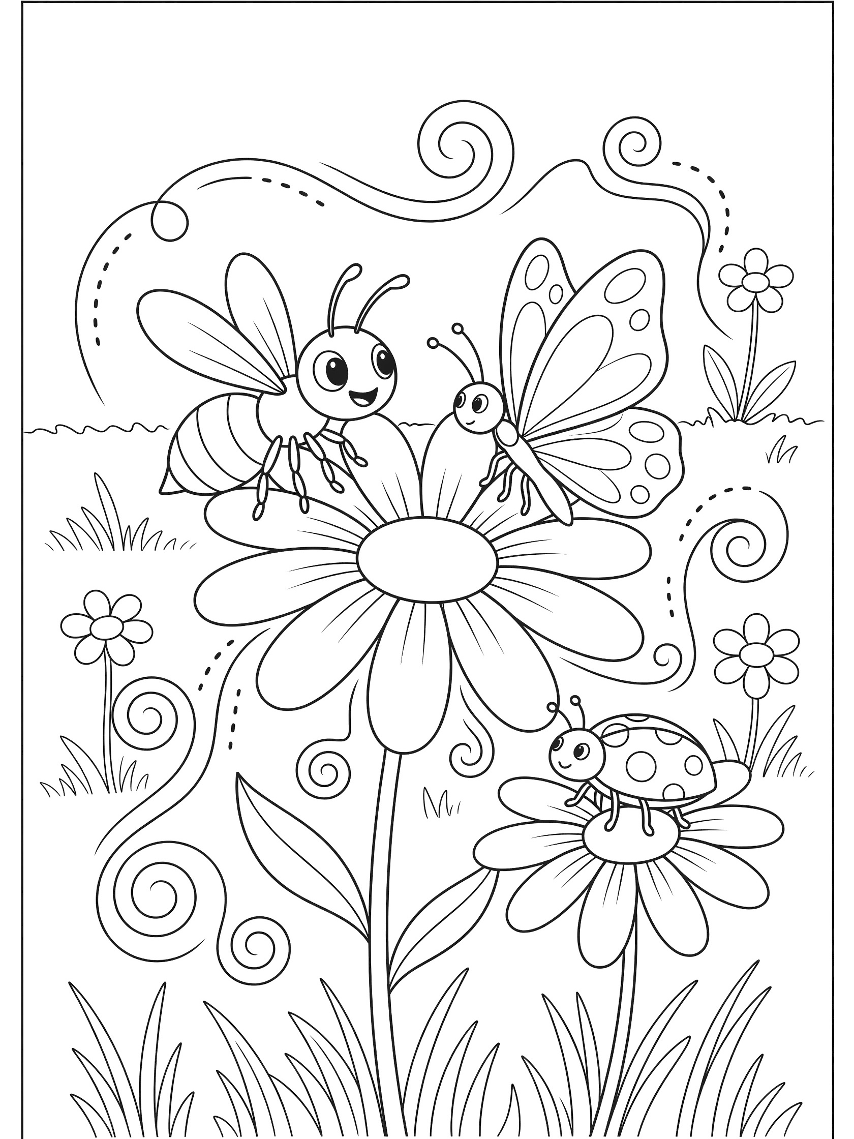 Black and white line art coloring page showing a bee, butterfly, and ladybug sitting on a large daisy flower surrounded by grass and playful swirly lines. Wasp themed black and white printable line art