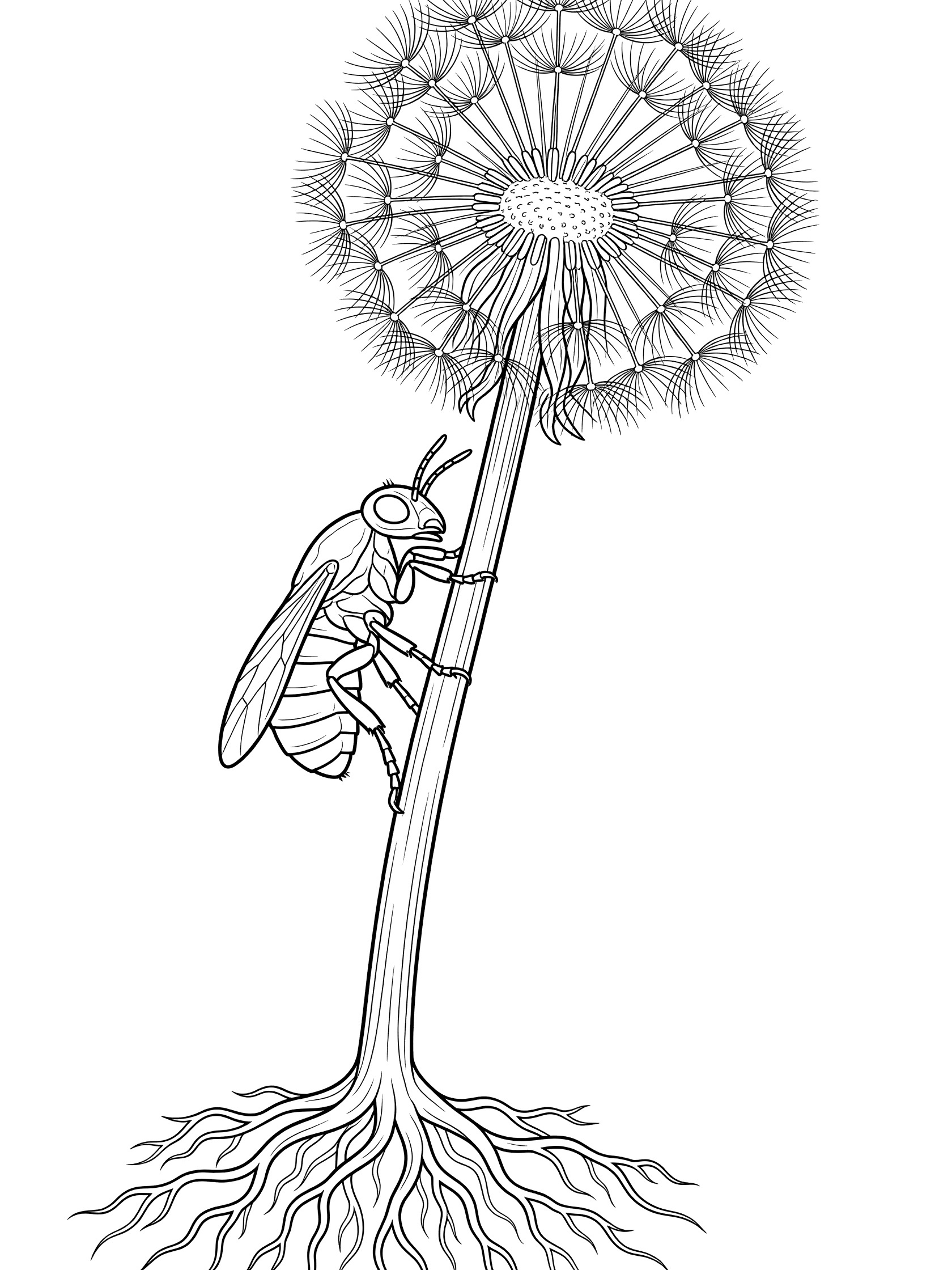 Black and white line art coloring page showing a bee gripping a tall dandelion stem with fluffy seed head and roots. Flea themed black and white printable line art