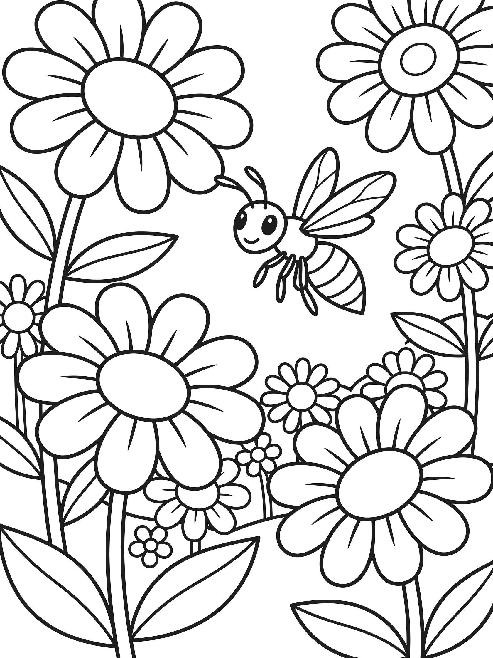 Black and white line art coloring page showing a happy bee with wings and striped body flying among large daisy flowers and green leaves. Wasp themed black and white printable line art
