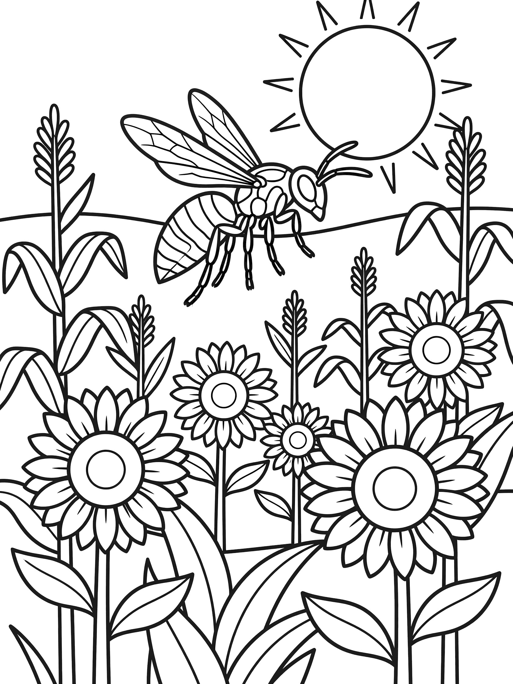 Black and white coloring page of a bee flying near sunflowers, cornstalks, and a sun in a field. Wasp themed black and white printable line art